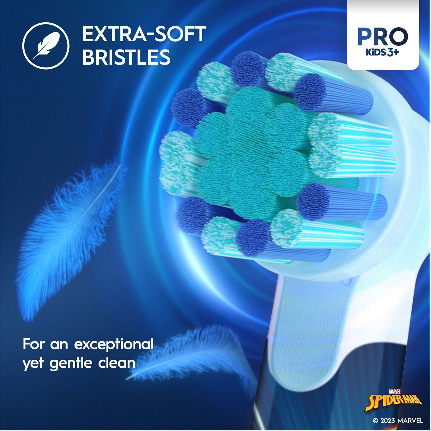 Close up of toothbrush bristles with feathers and text. For kids.
