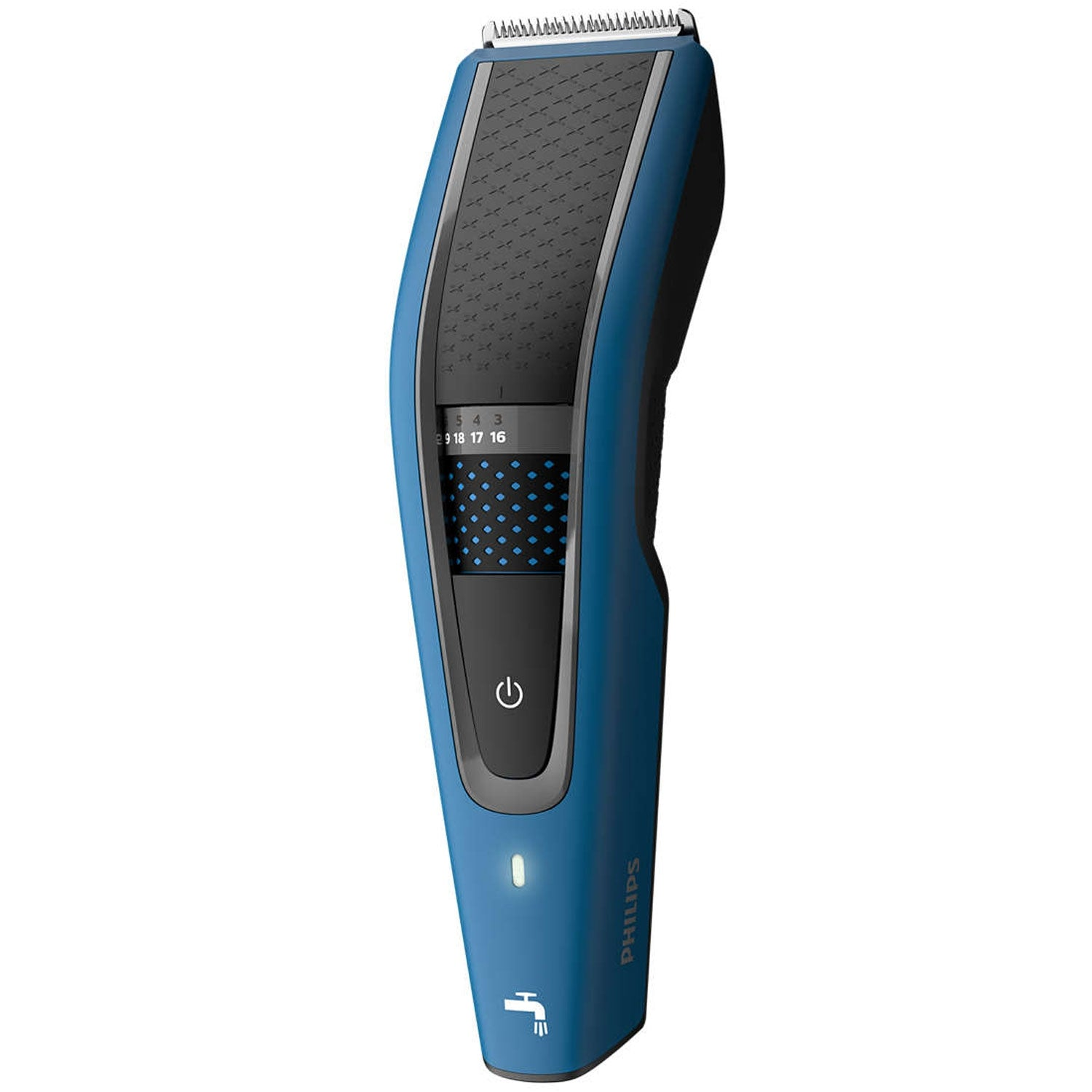 Een blauwe Philips haartrimmer met zwarte accenten en een aan/uit-knop.