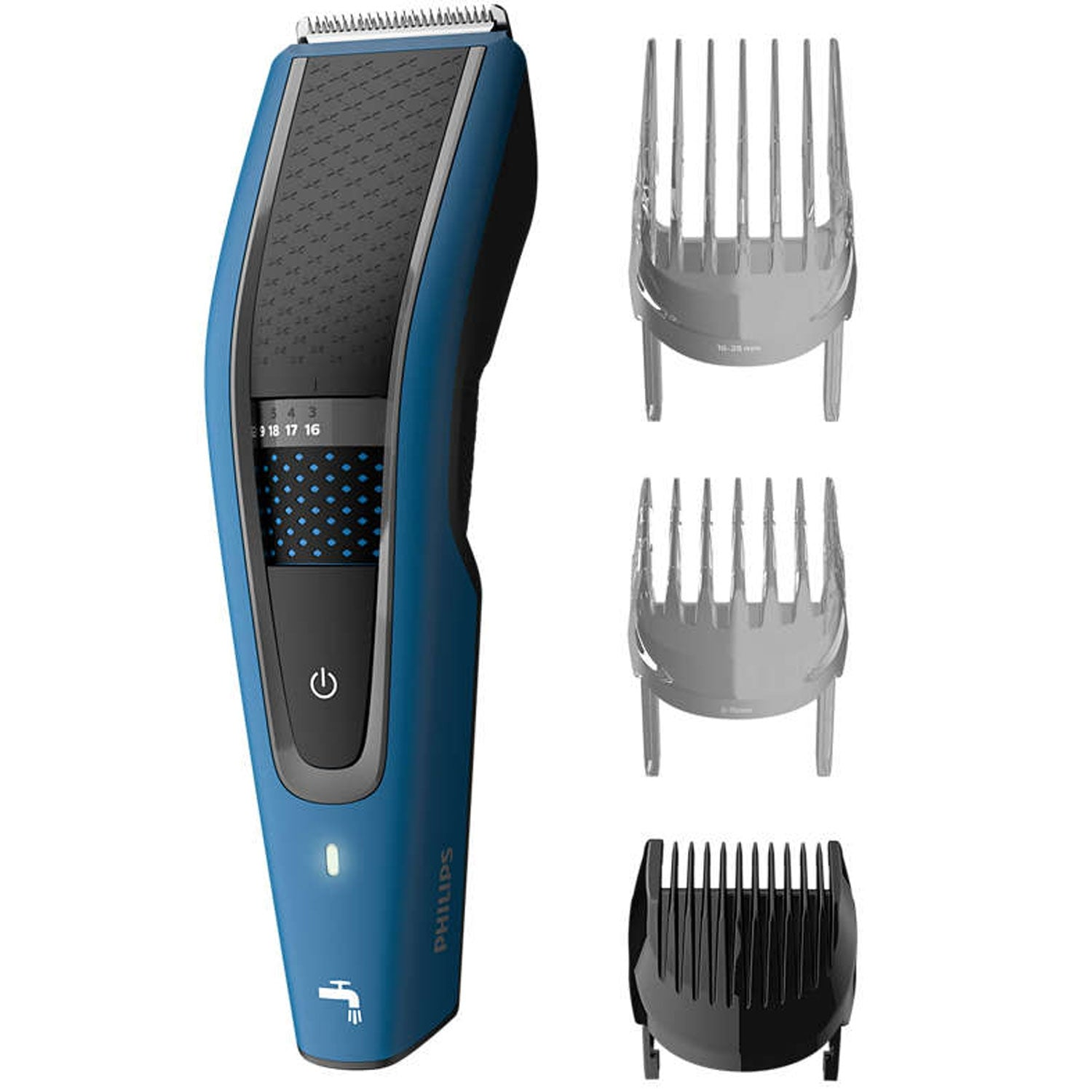 Een blauwe Philips haartrimmer met drie opzetkammen op witte achtergrond.