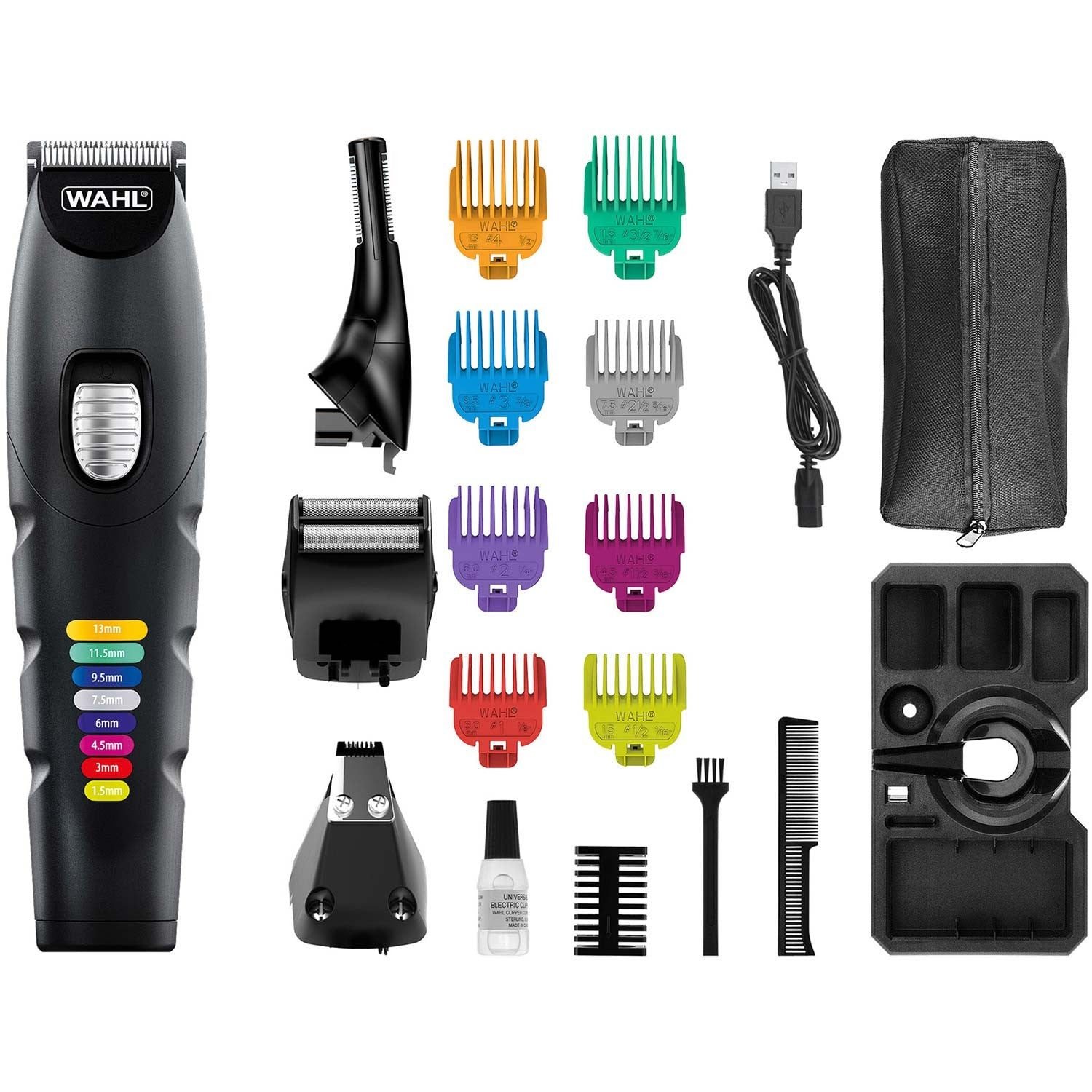 A Wahl hair clipper set with attachments, cable, bag, and cleaning accessories.