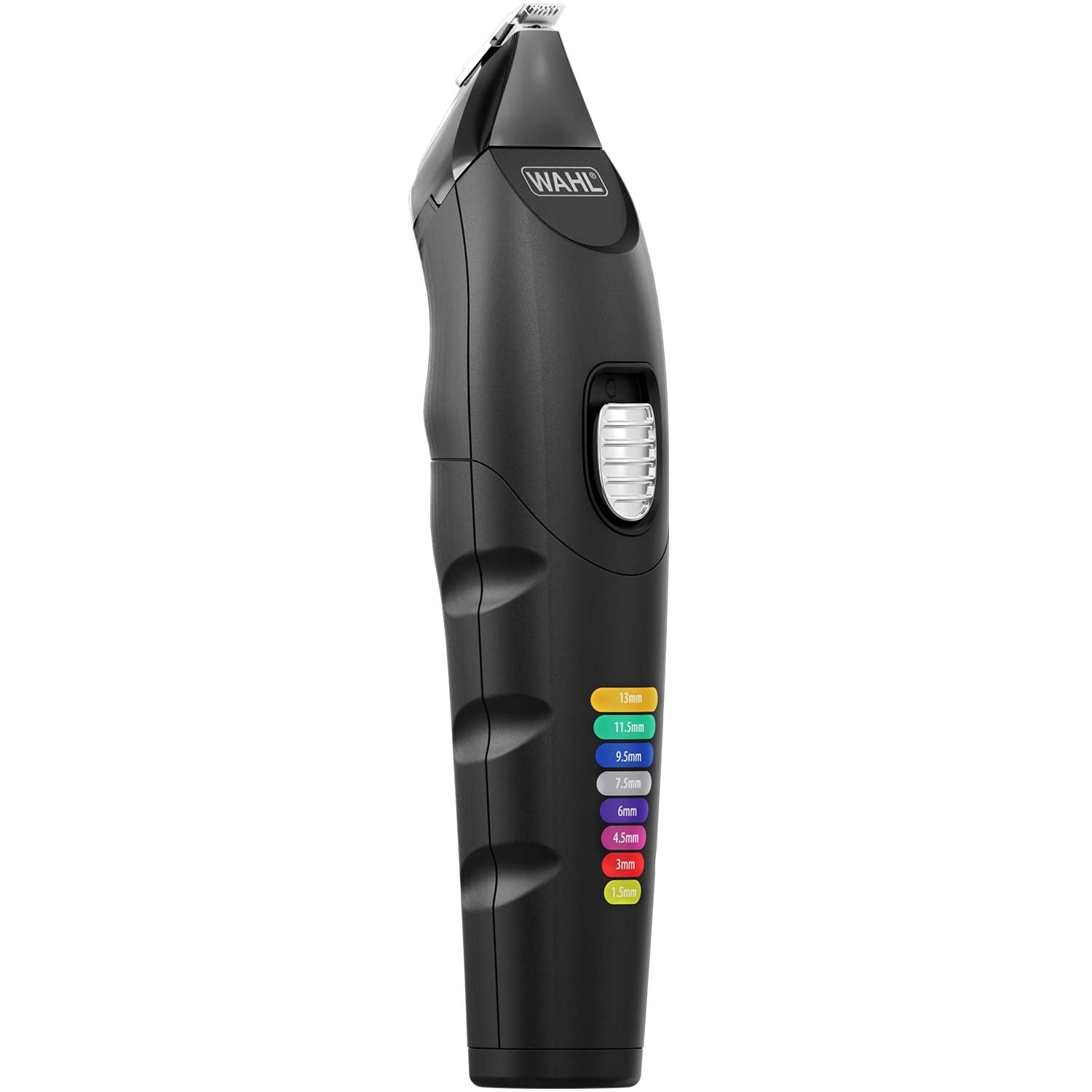 Black hair clipper with silver switch and colored length indicators.