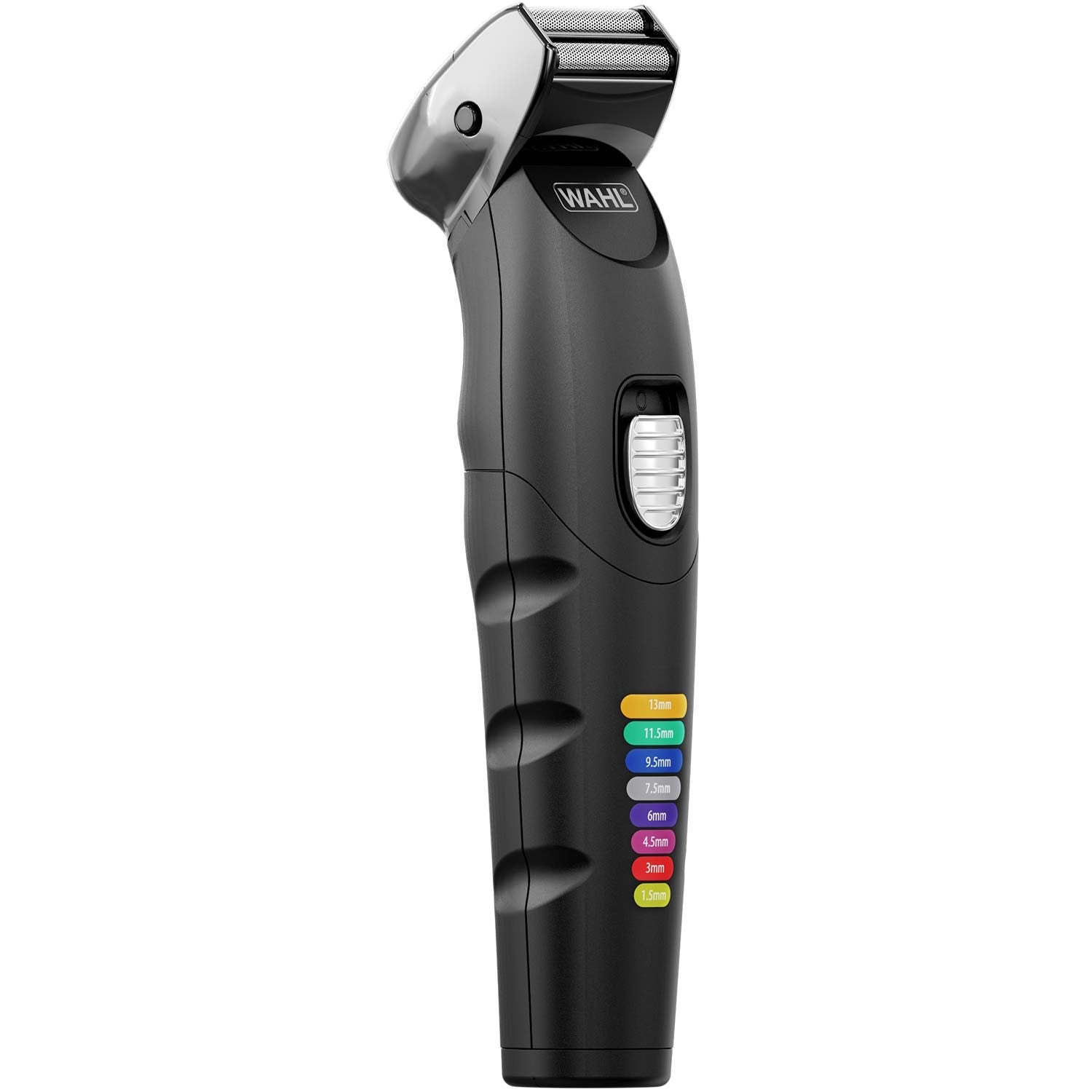 A black Wahl brand electric trimmer with a silver shaving head and colored length guides.