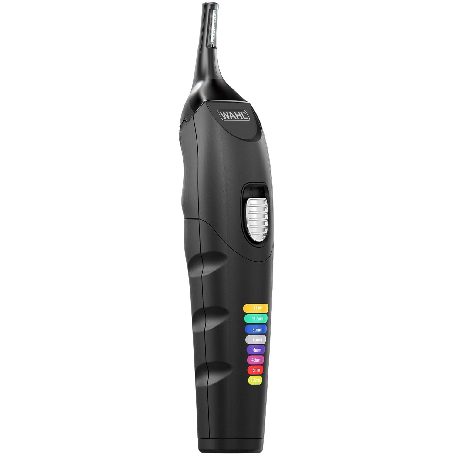 A black Wahl brand trimmer with a silver switch and colored length guides.