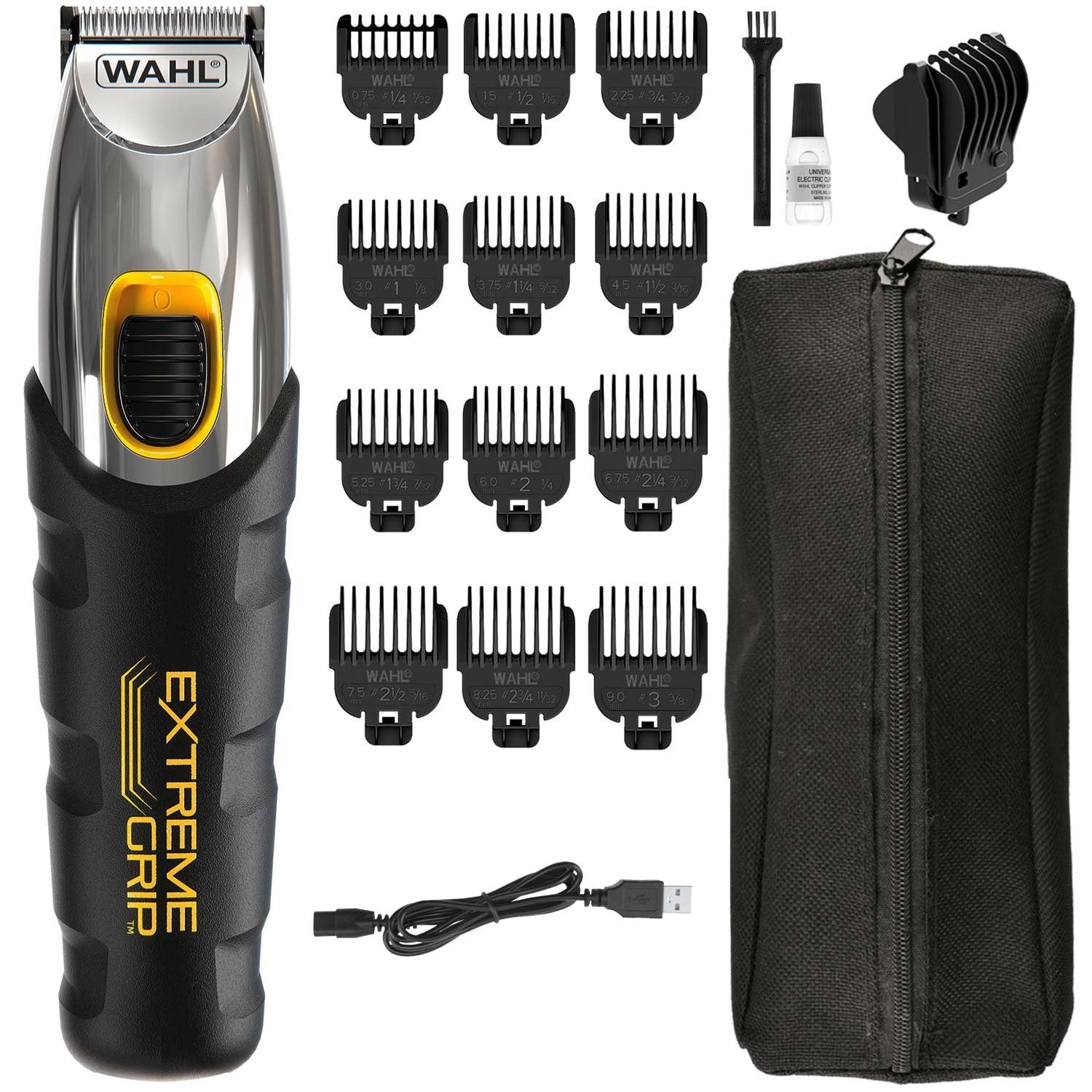 Wahl hair clipper set with attachments, oil, brush, charging cable, and pouch.