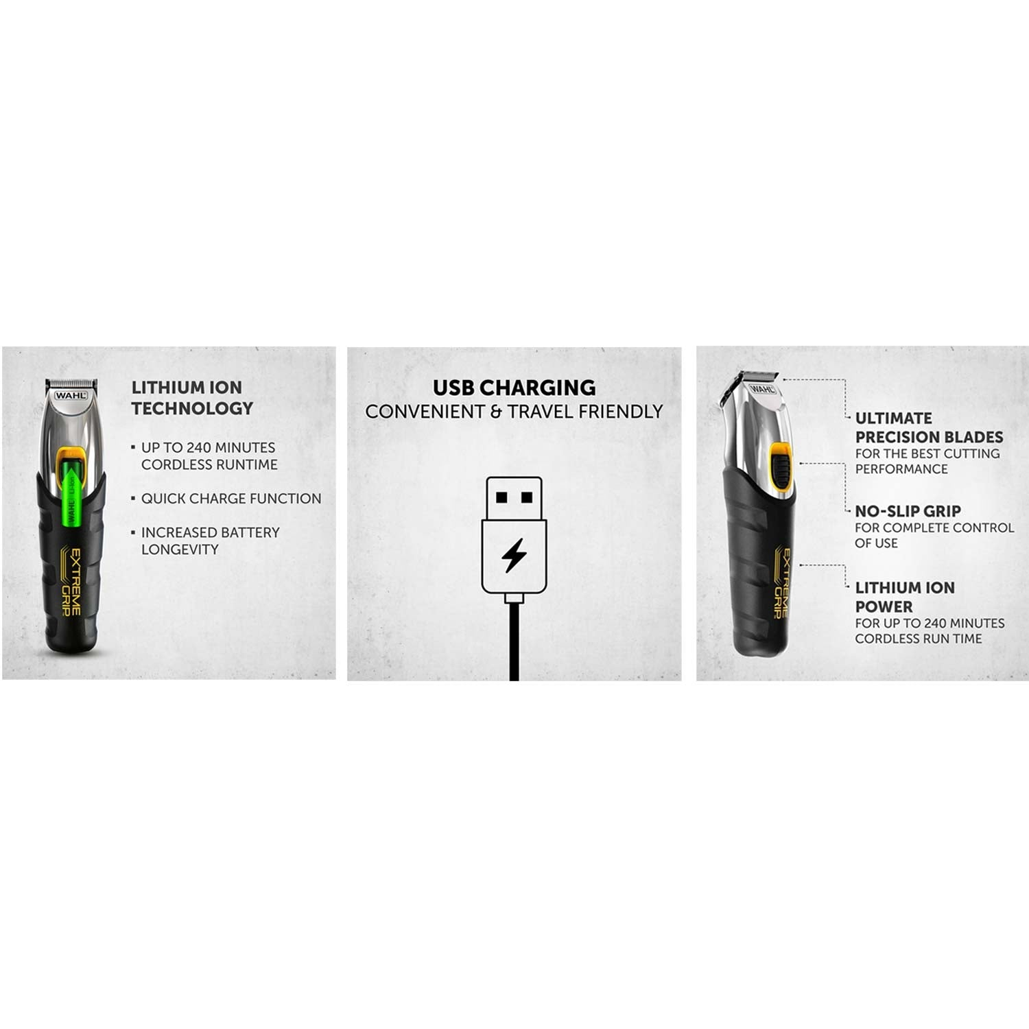 Three images of a Wahl trimmer: lithium-ion tech, USB charging, and precision blades.