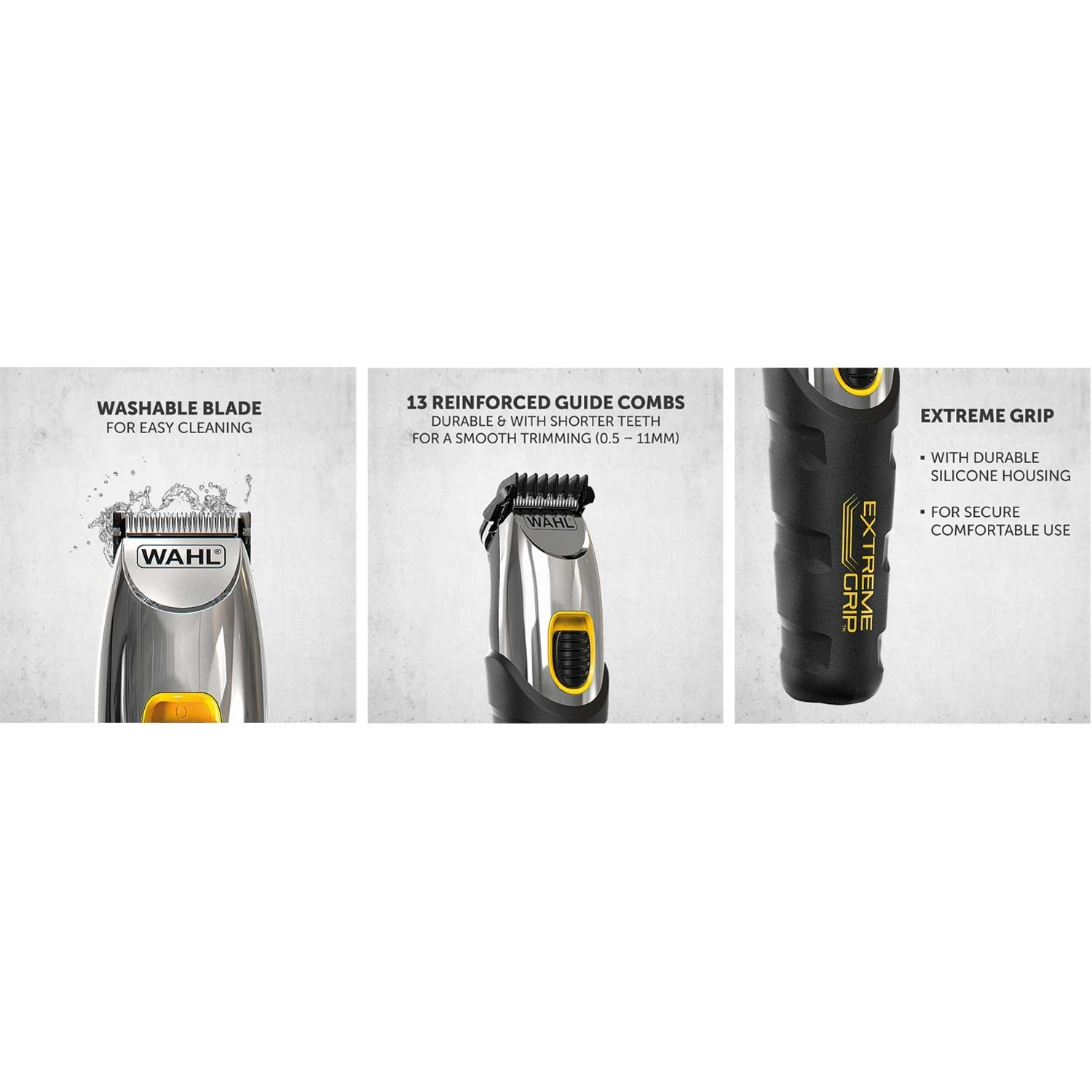 Close-up of a silver hair clipper with yellow accents, promoting easy cleaning and grip.