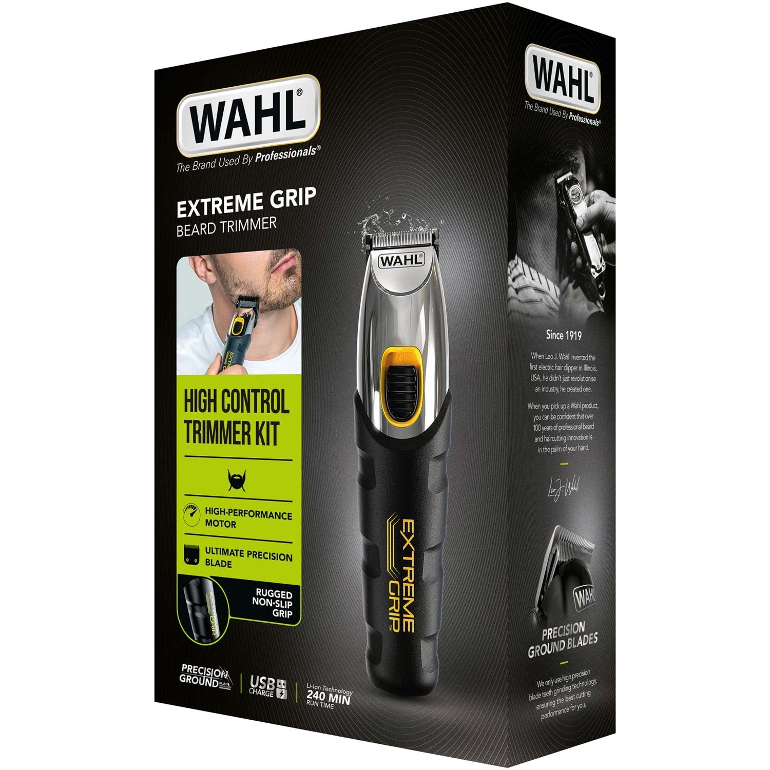 Wahl Extreme Grip beard trimmer packaging showing the trimmer and product features.