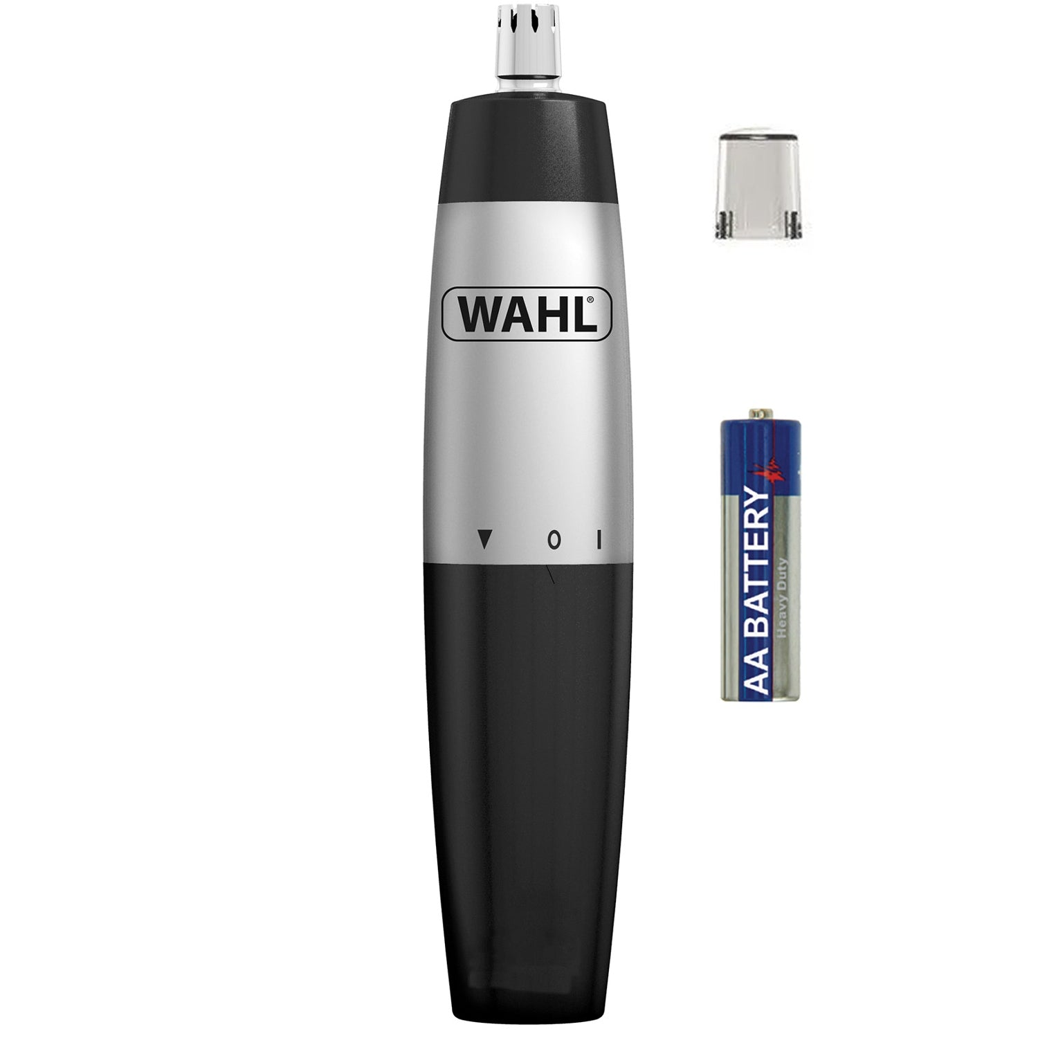 Wahl neustrimmer met AA-batterij en beschermkap op witte achtergrond.