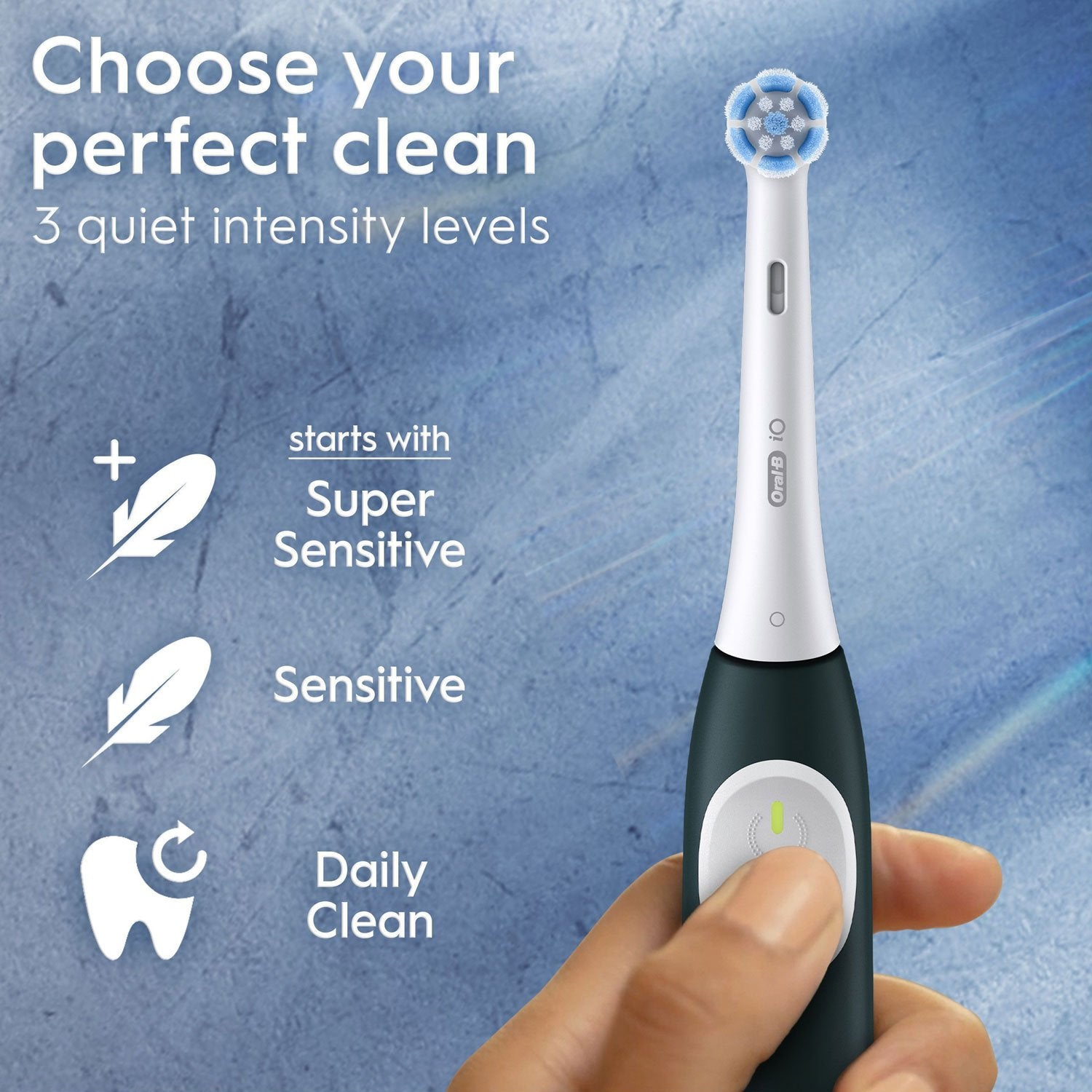 Spazzolino elettrico Oral-B con 3 modalità di pulizia: Super Sensitive, Sensitive, Daily Clean.