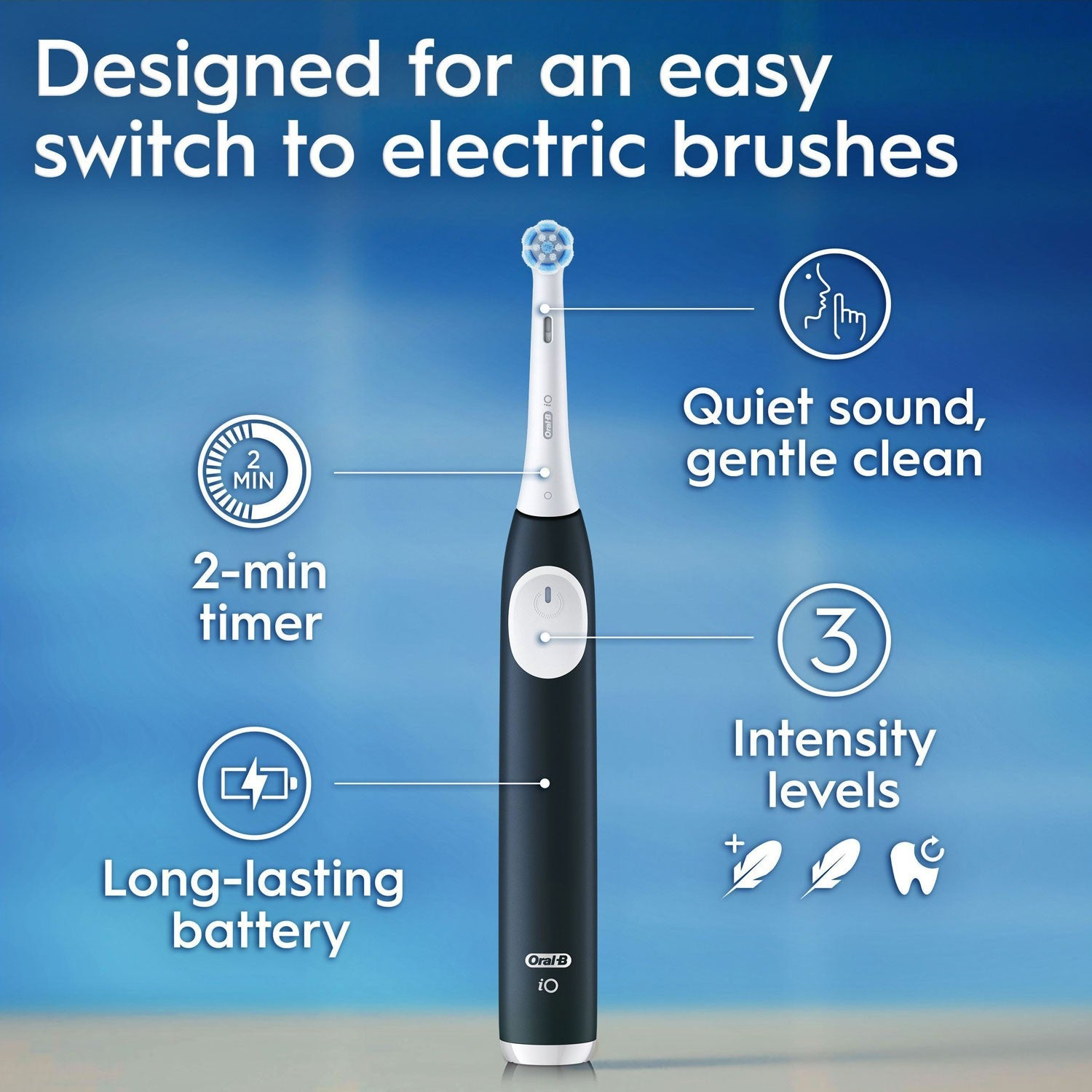 Spazzolino elettrico con timer 2 min, batteria a lunga durata, suono silenzioso, 3 livelli intensità.