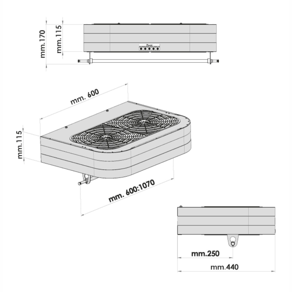 Disegno tecnico di un'unità ventola con dimensioni e viste.