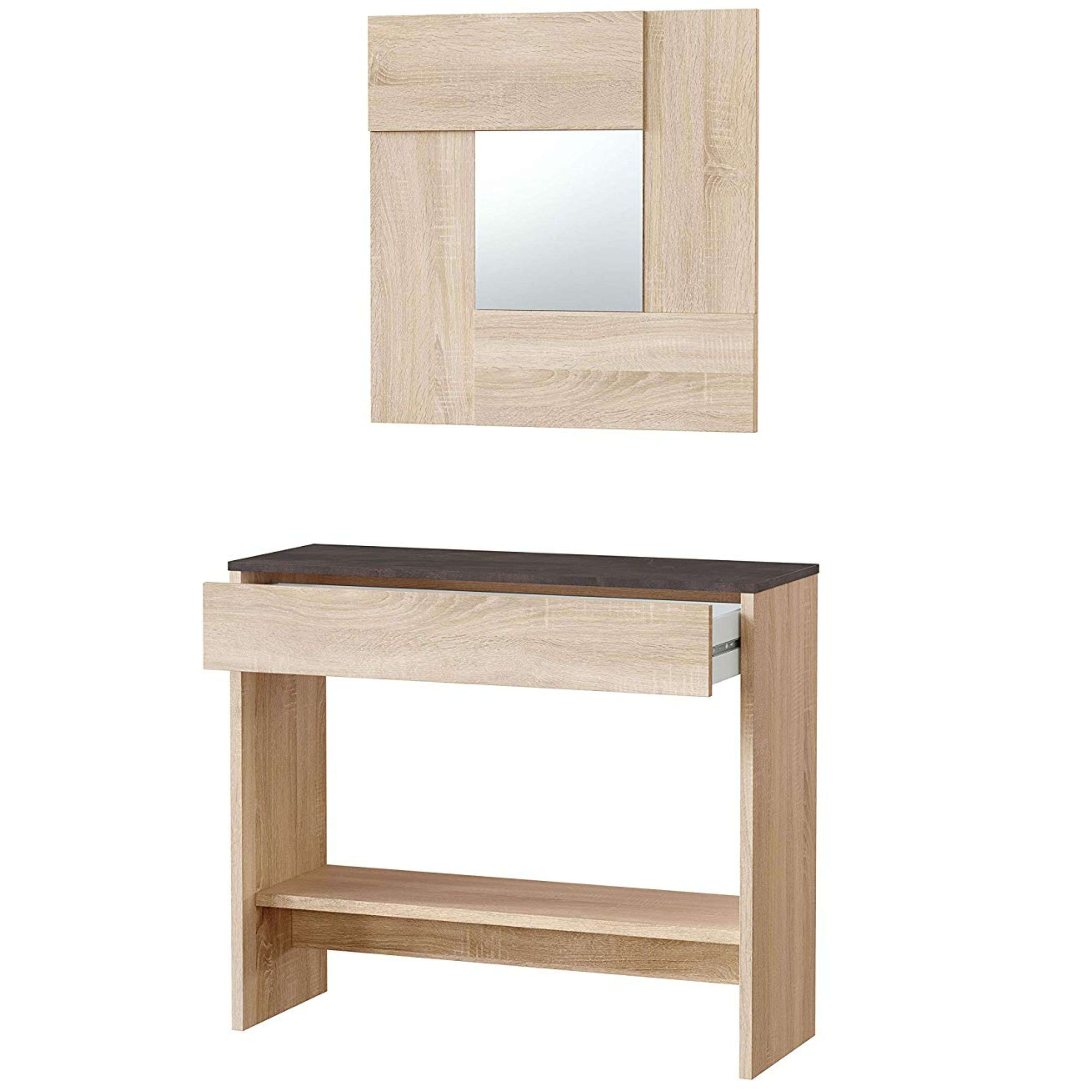 Un espejo de madera clara cuelga sobre una consola con un cajón abierto.