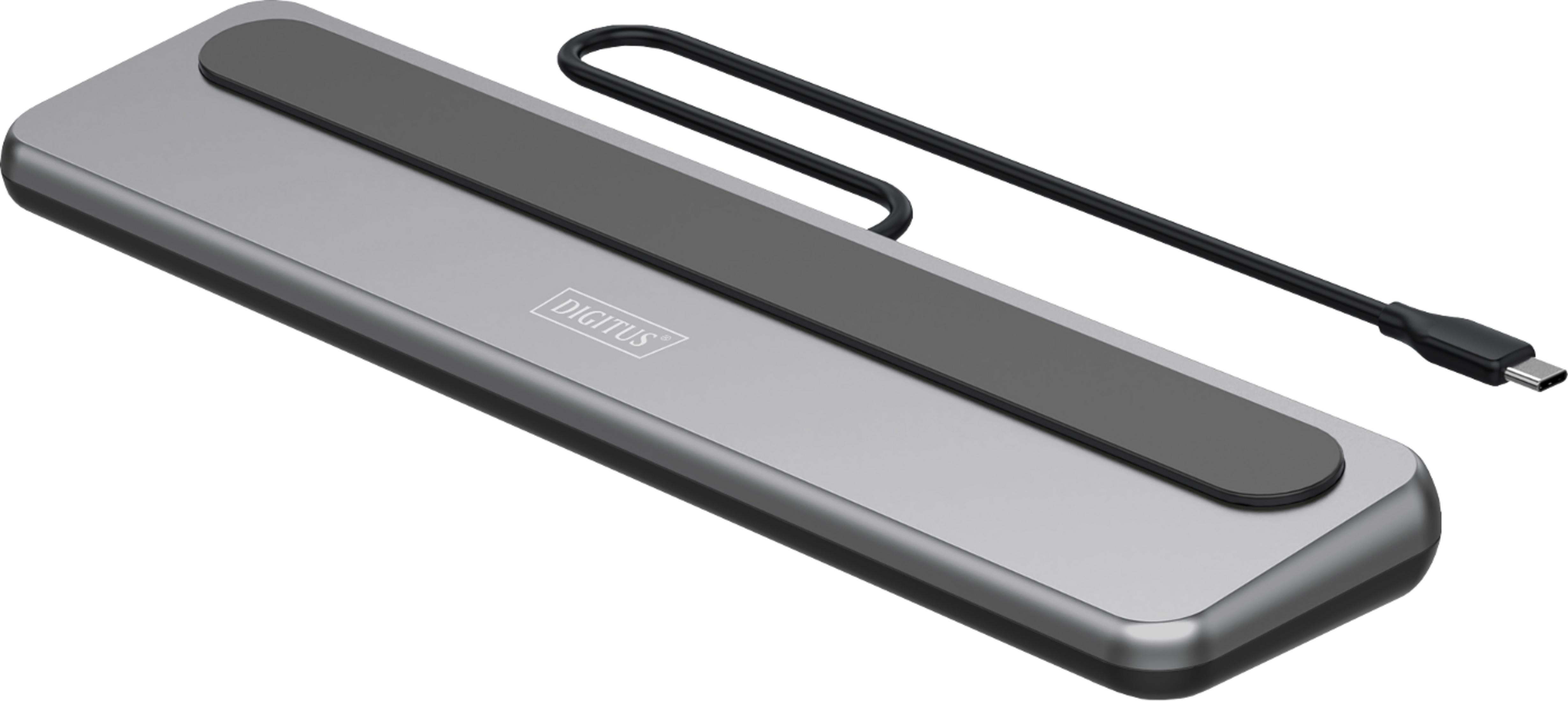 Grauer USB-C-Hub mit schwarzem Kabel und Stecker. Beschriftung 'DIGITUS'.