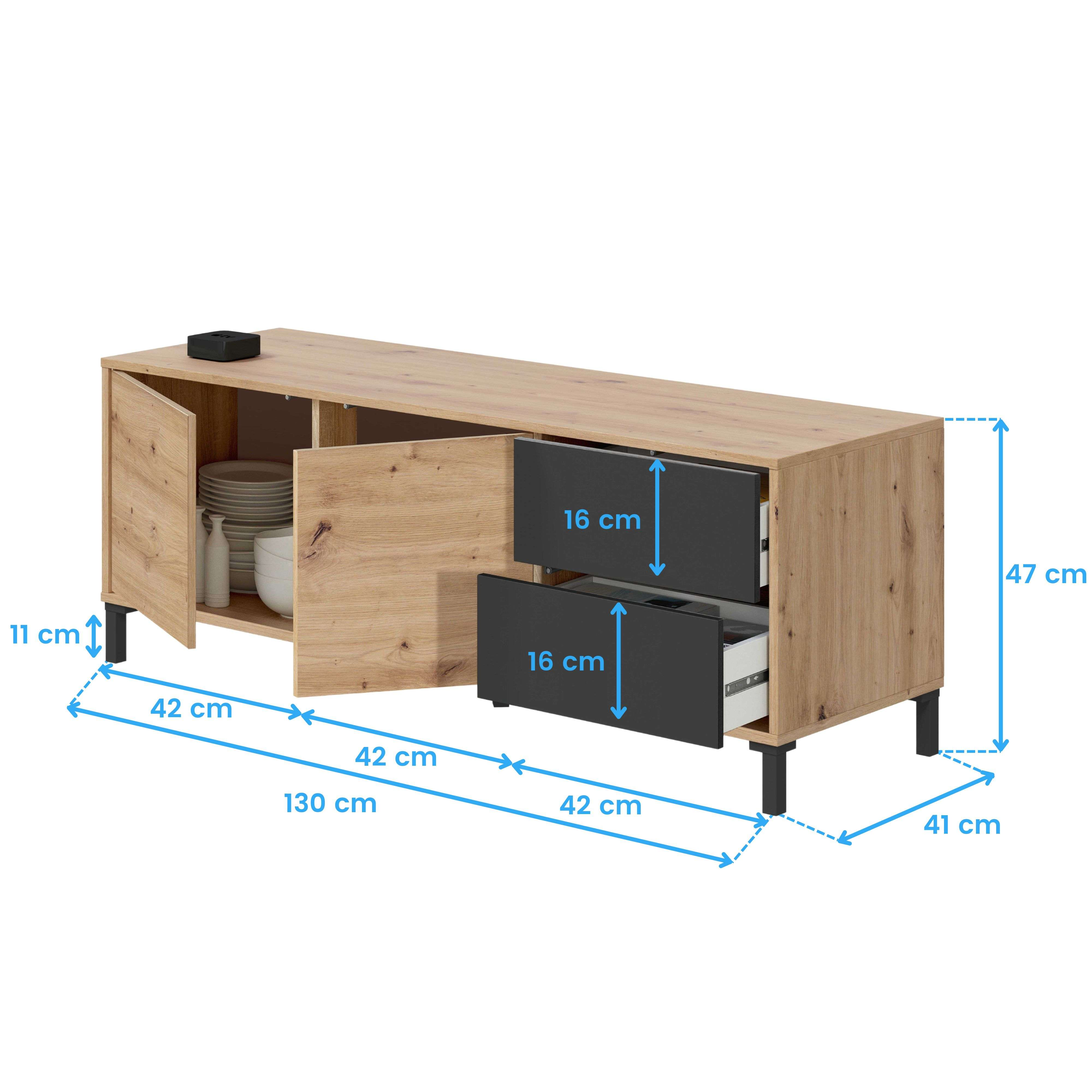 Aparador de madera con dos puertas y dos cajones, se indican las dimensiones.