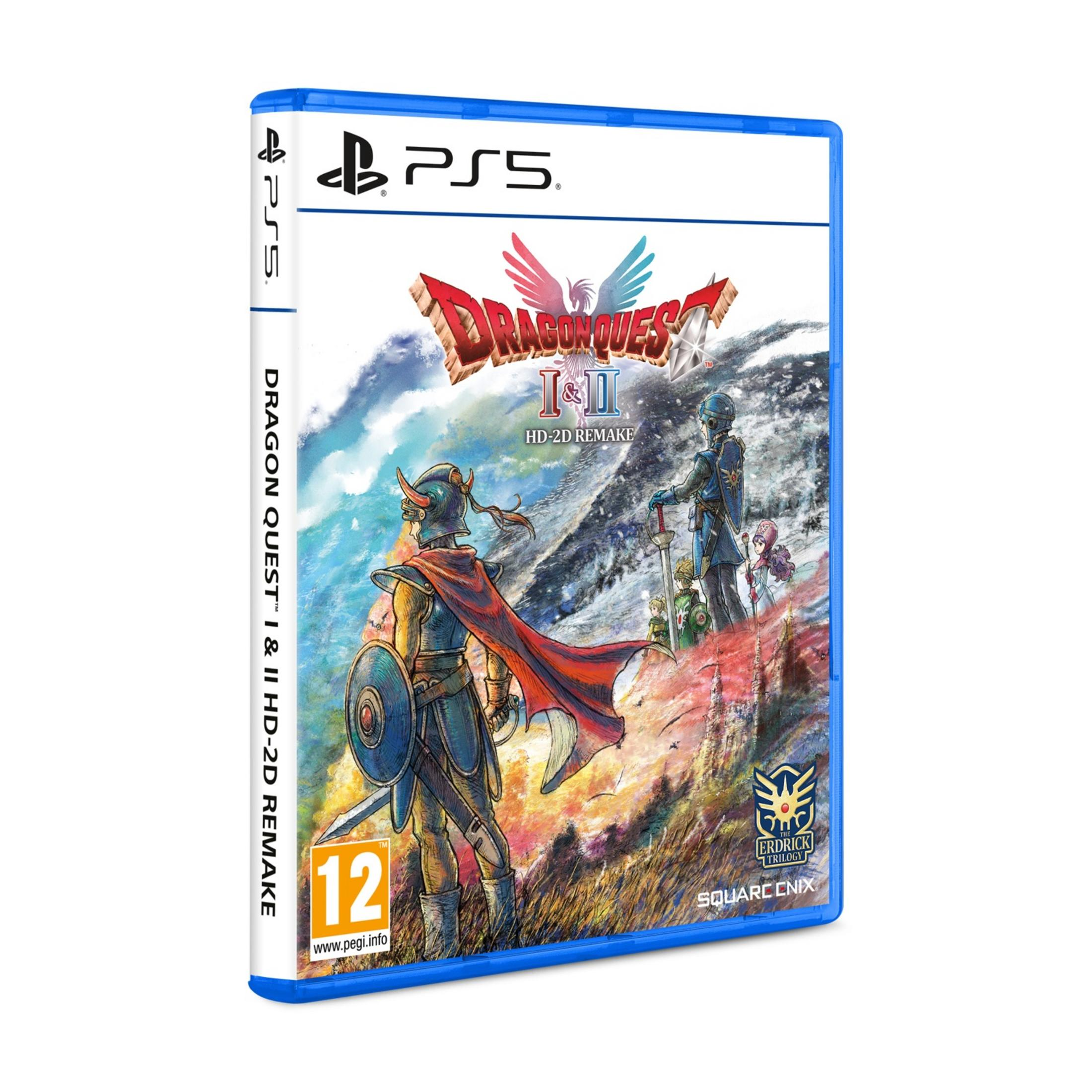 Copertina PS5 per Dragon Quest I & II HD-2D Remake con guerrieri e paesaggio.