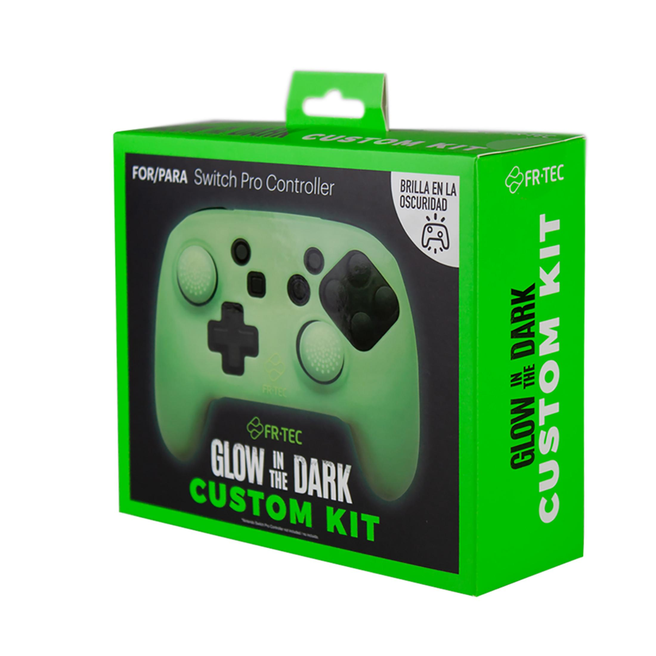 Embalaje verde para un control de Nintendo Switch que brilla en la oscuridad.