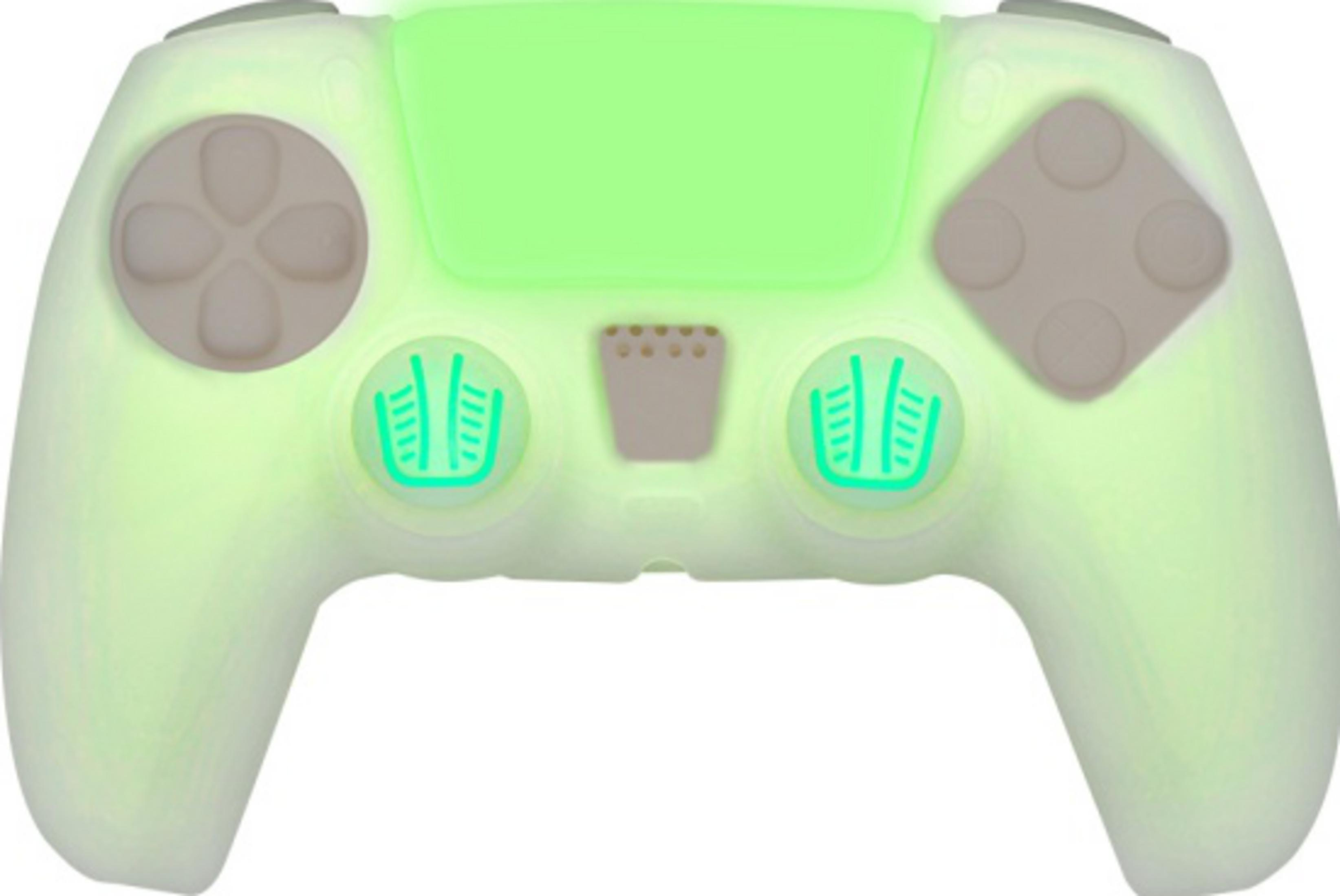 Un mando de juego verde claro con botones grises e iconos brillantes.