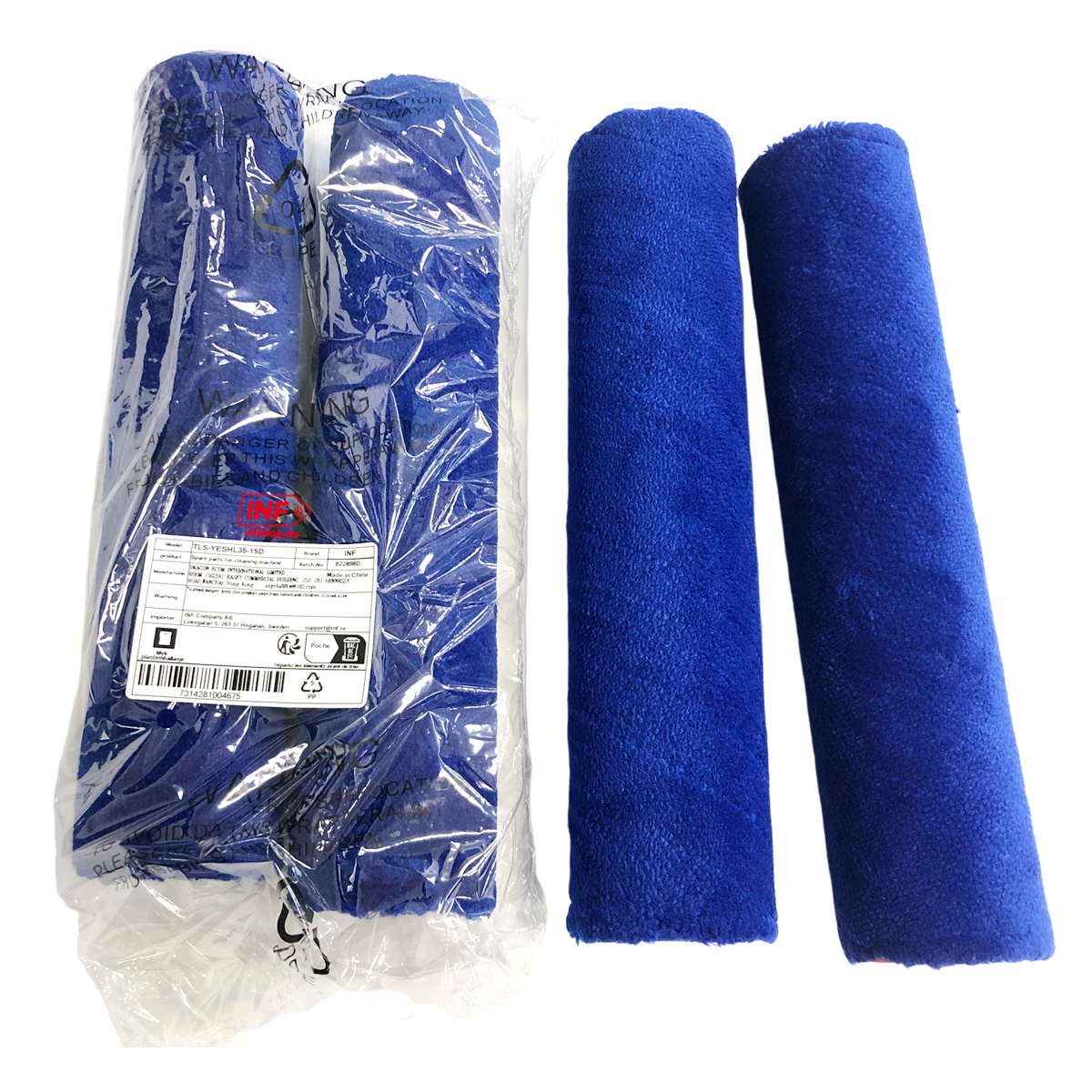 Dwa niebieskie wałki o miękkiej fakturze, jeden zapakowany, drugi luzem.