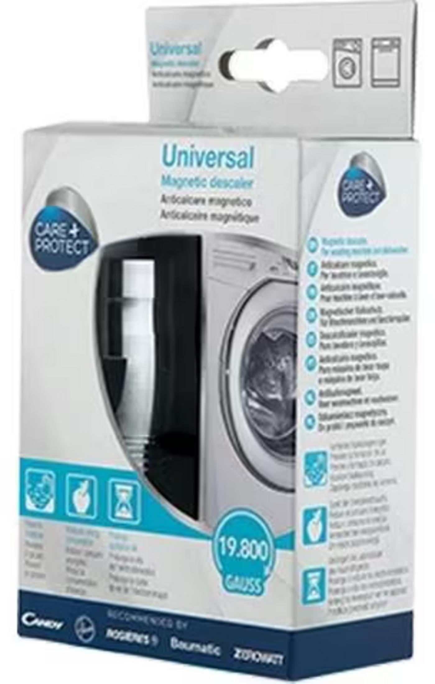 Confezione di un anticalcare magnetico universale con illustrazione di lavatrice.