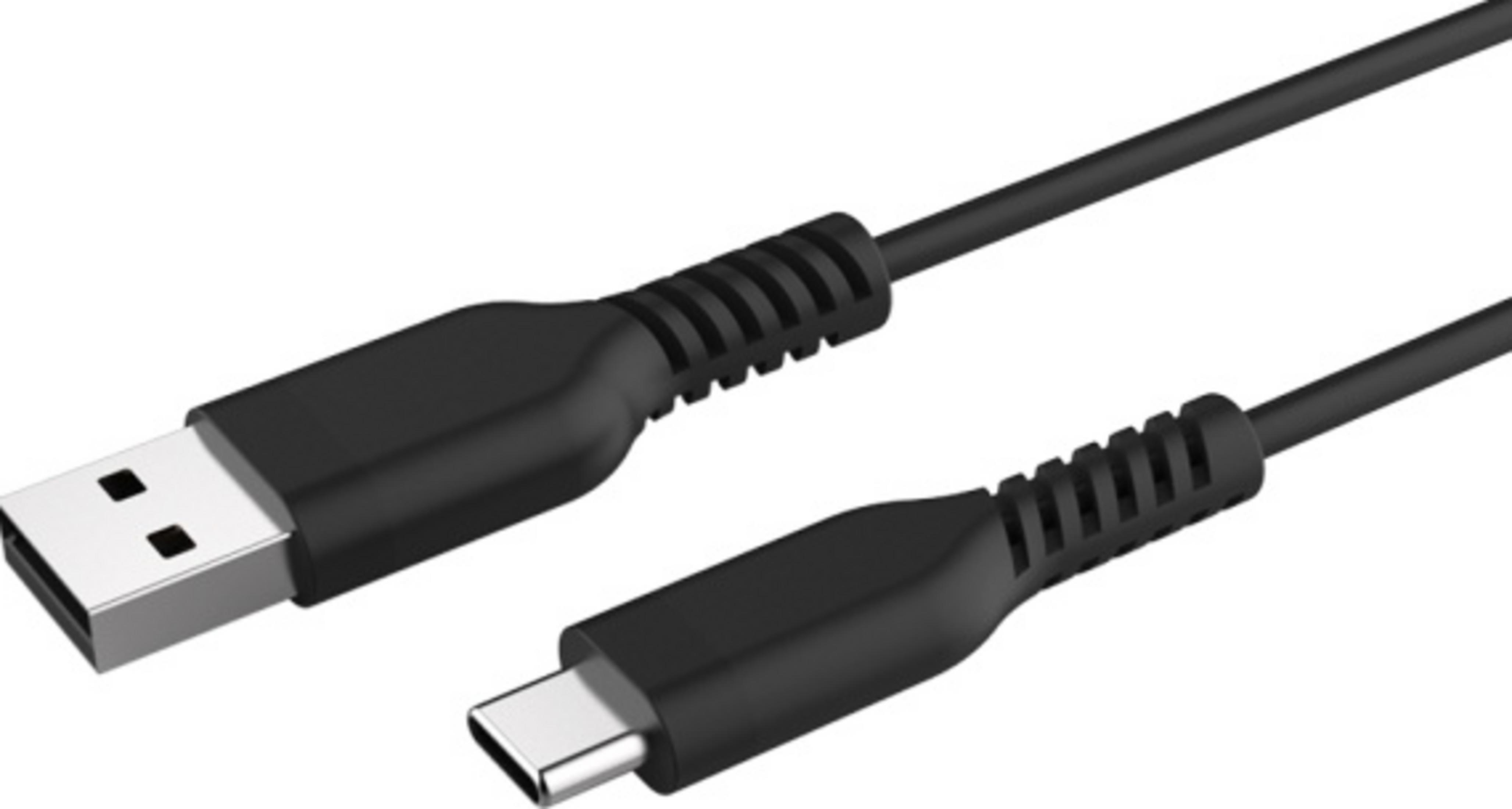 Un cable USB-A a USB-C negro, aislado sobre fondo blanco.