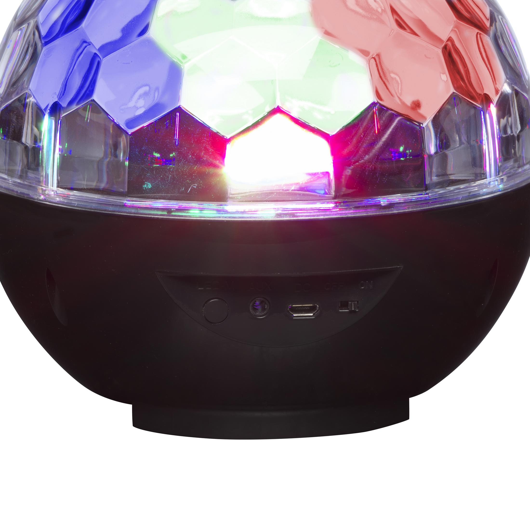 Kula dyskotekowa z czerwonymi, niebieskimi i zielonymi światłami nad czarną podstawą z elementami sterującymi.