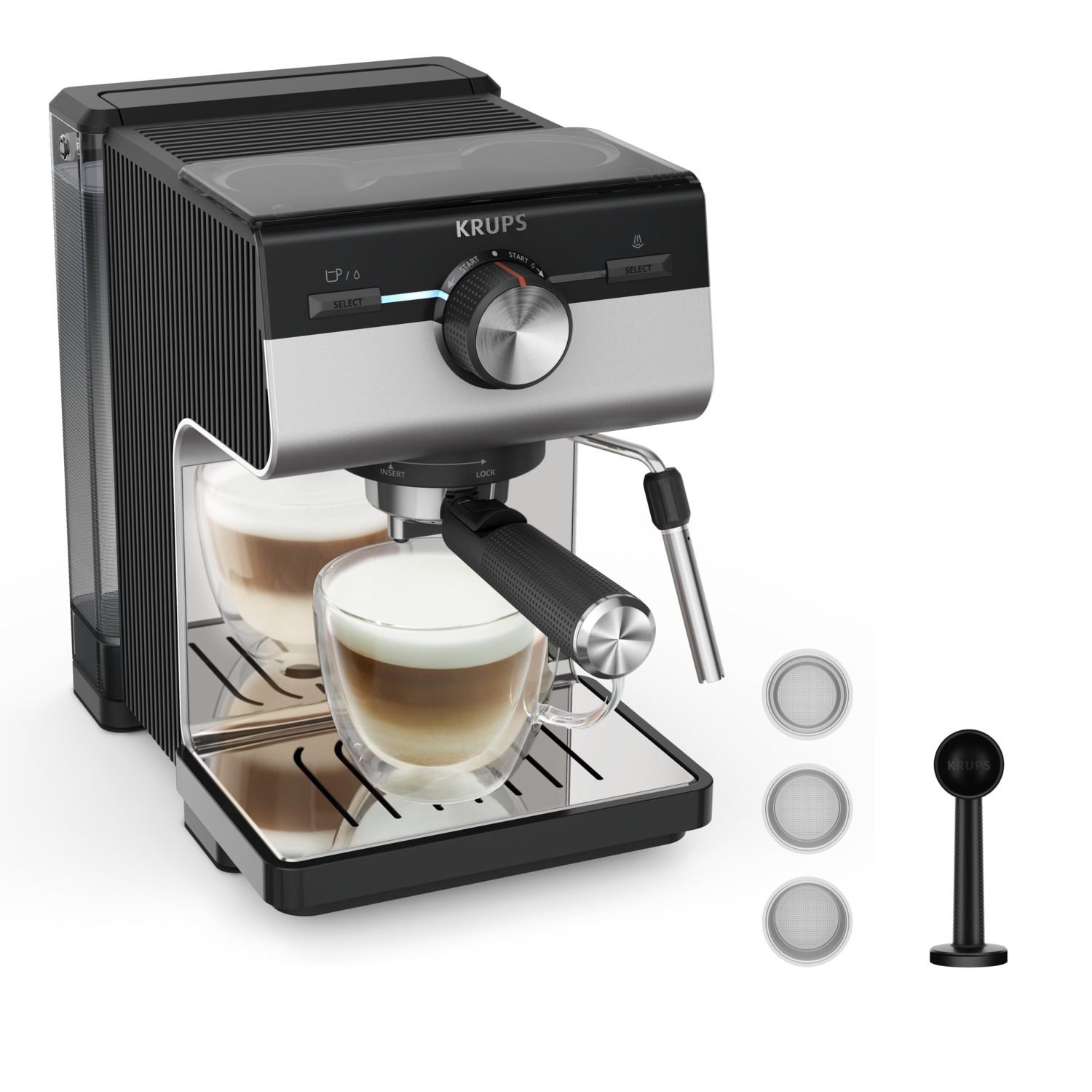 Krups Espressomaschine mit zwei Cappuccino-Tassen und Zubehör.