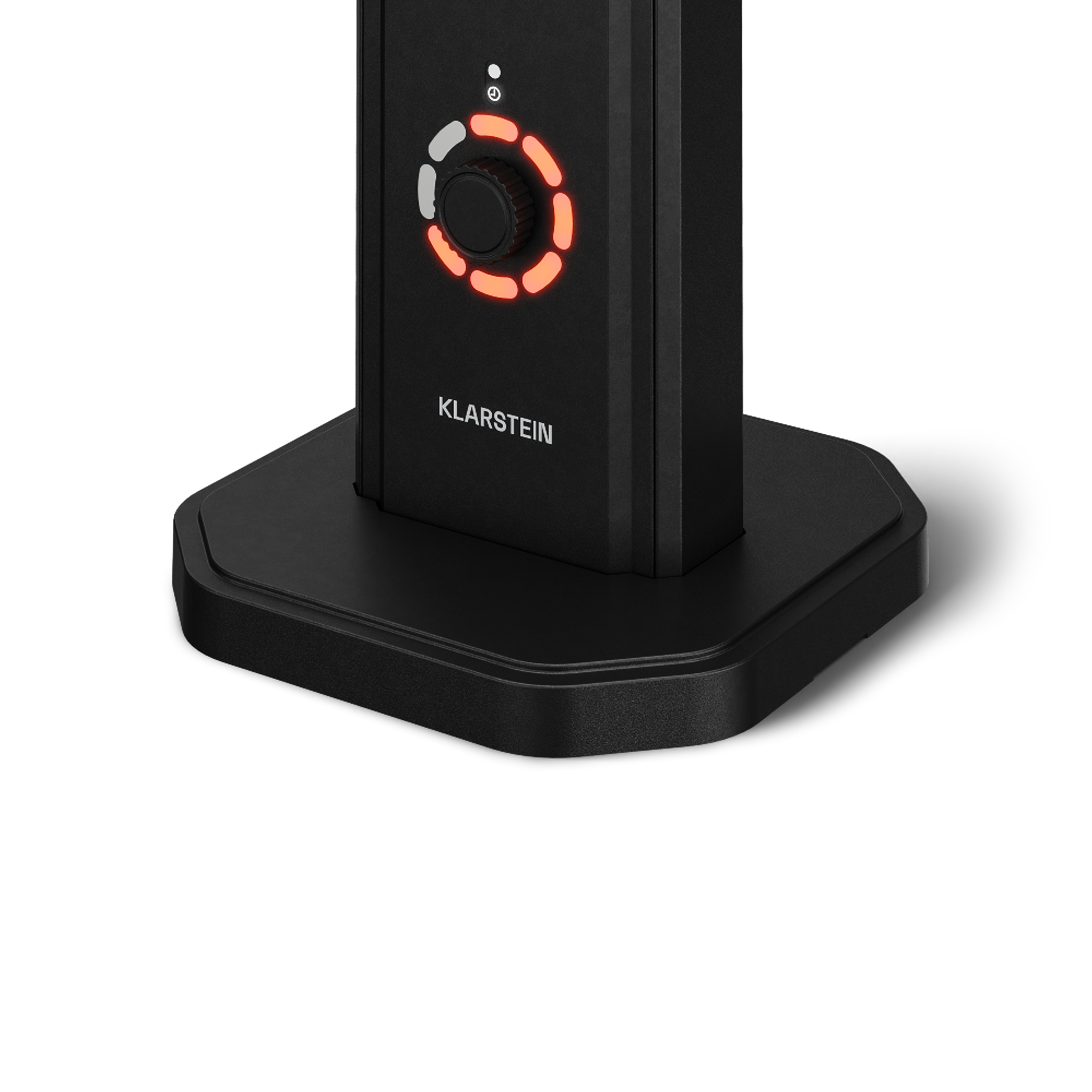 Schwarzer Klarstein-Turm mit beleuchtetem Ringregler auf einer Basis.
