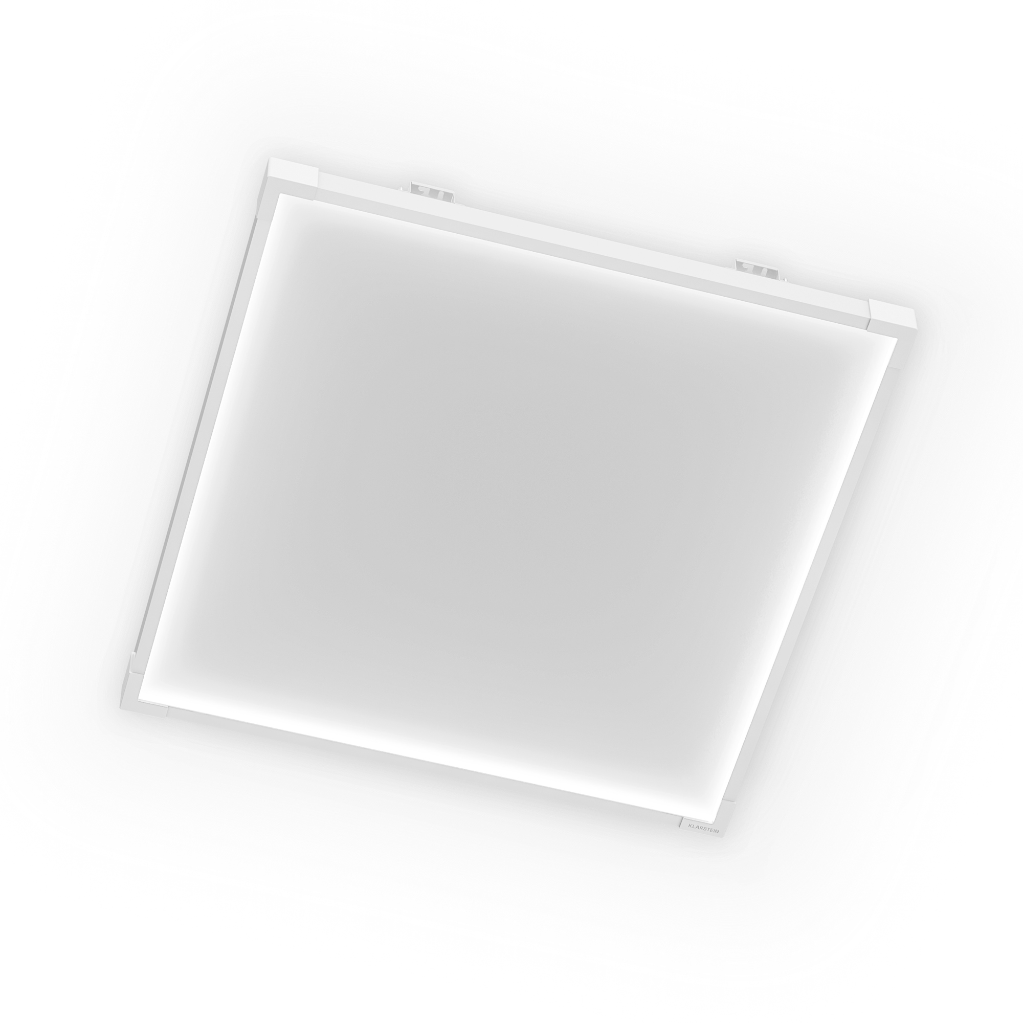 Ein rechteckiges, weißes Panel mit integrierter Beleuchtung, auf weißem Hintergrund.