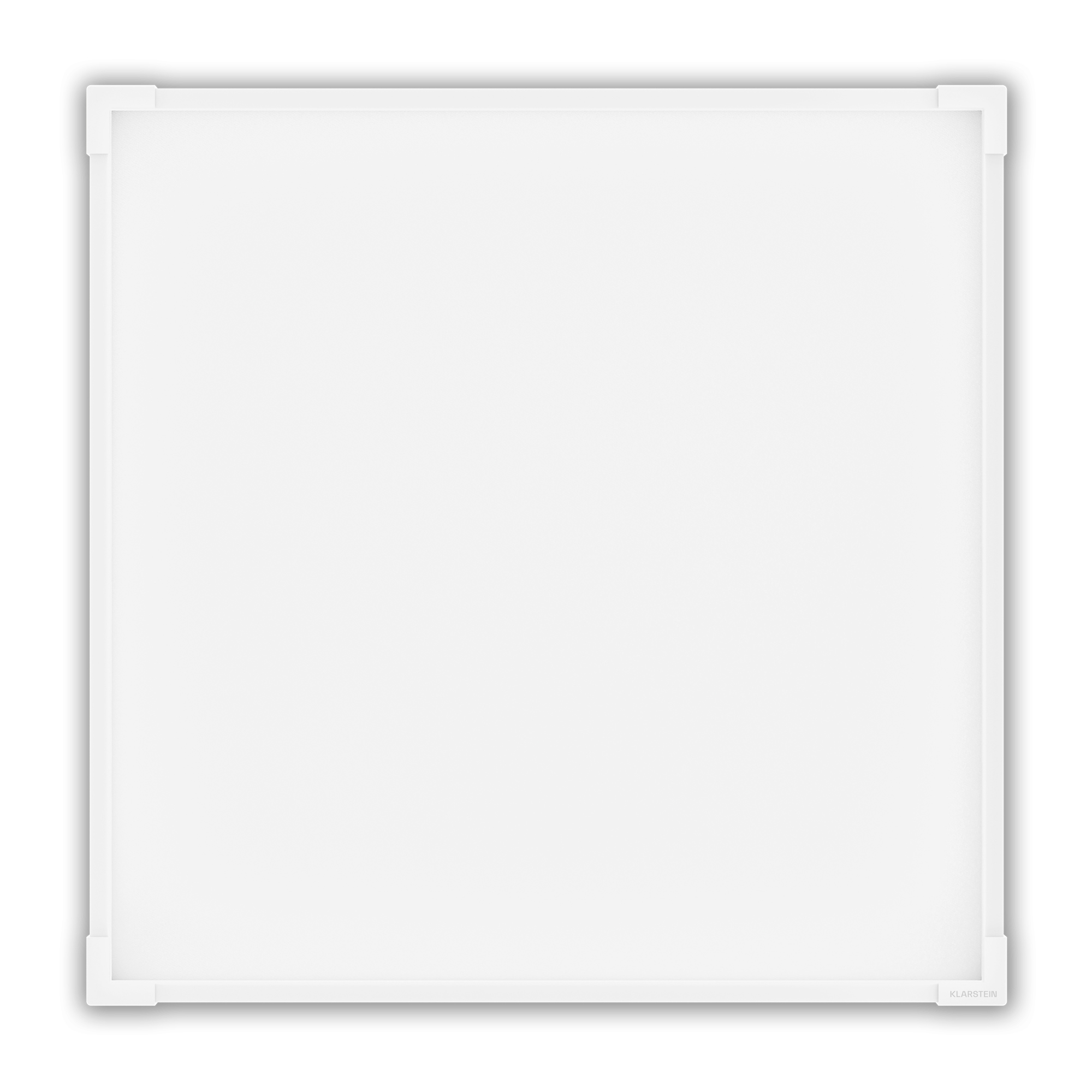 Ein weißes LED-Panel mit silbernem Rahmen, auf weißem Hintergrund.
