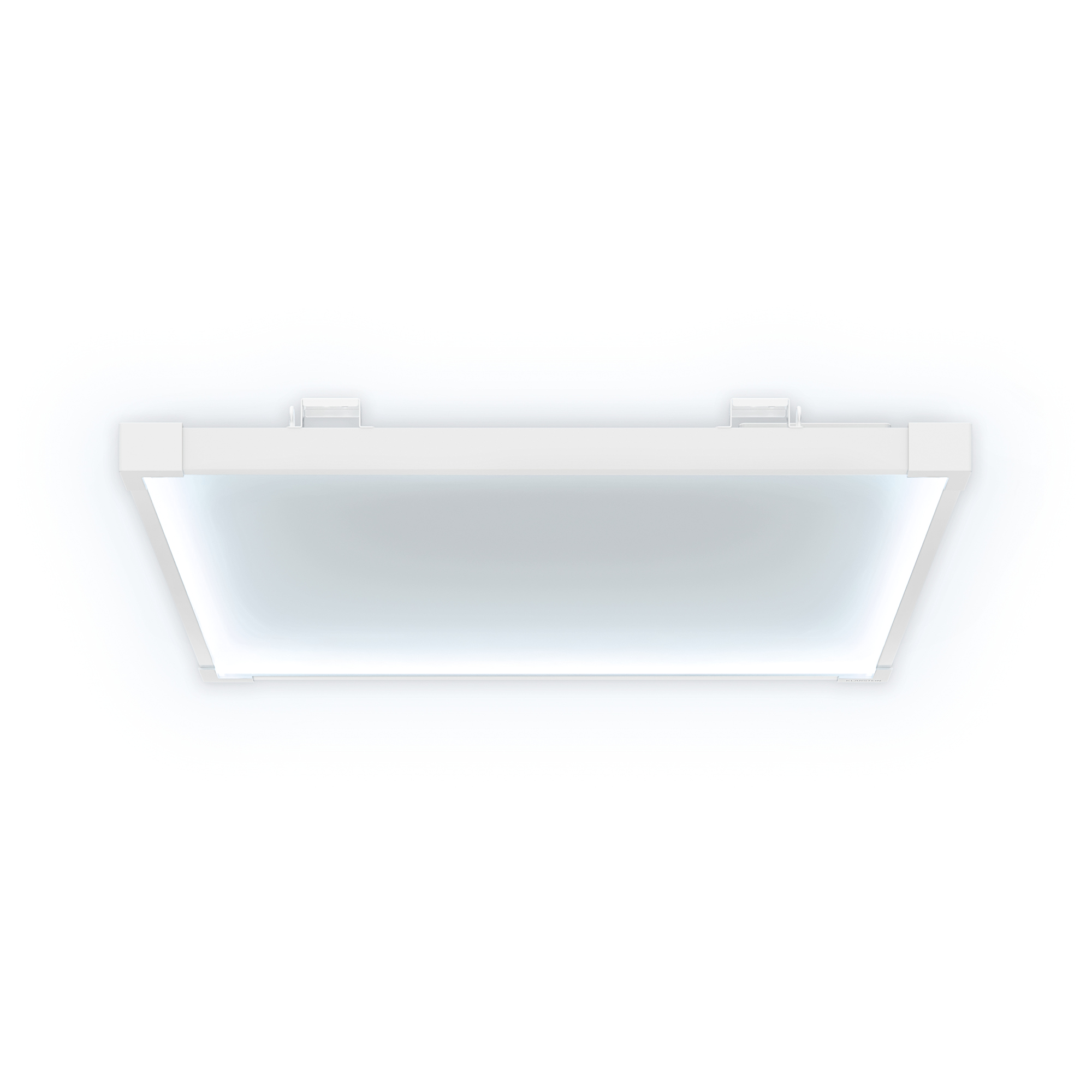 Ein weißer Deckenventilator mit Beleuchtung, von oben gesehen.