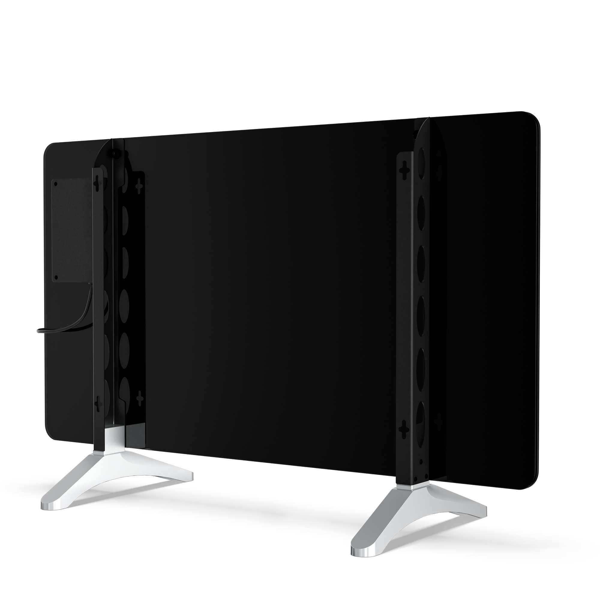 Rückseite eines schwarzen Fernsehers mit silbernen Füßen auf weißem Hintergrund.