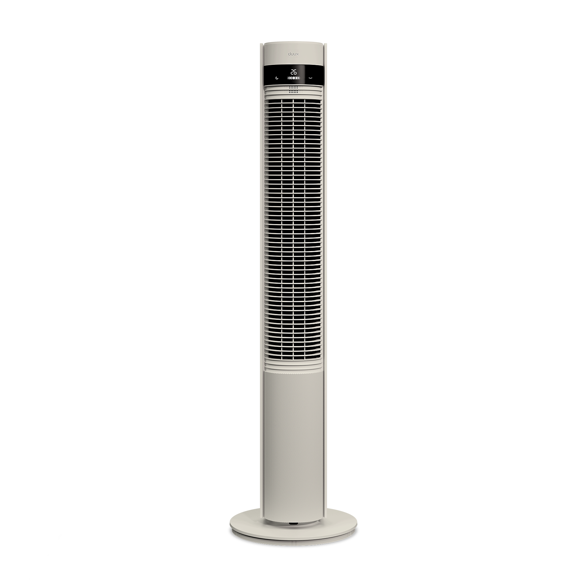 Een hoge, slanke witte torenventilator met zwart rooster en display.