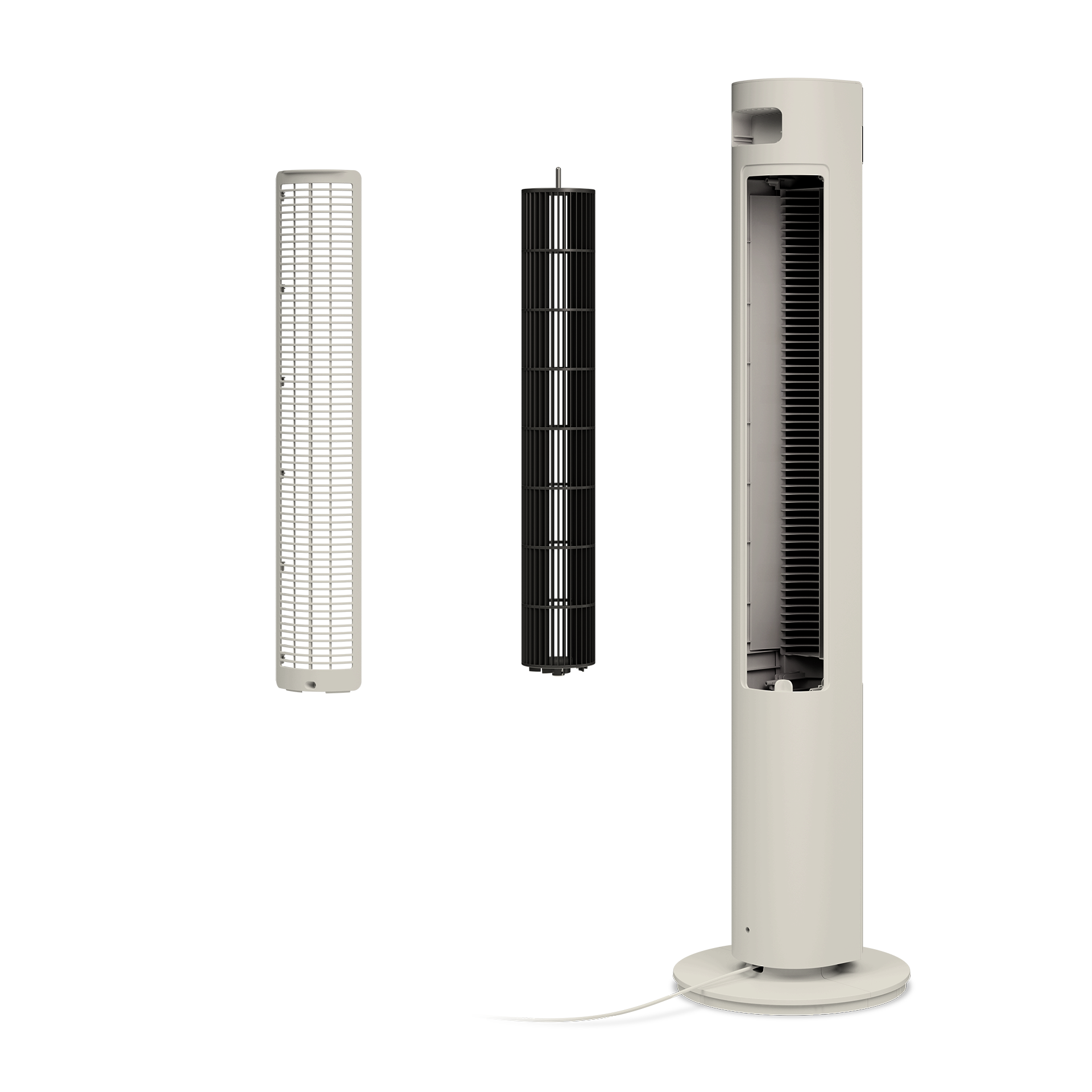 Een lichtgekleurde torenventilator met losse zwarte ventilator en rooster.