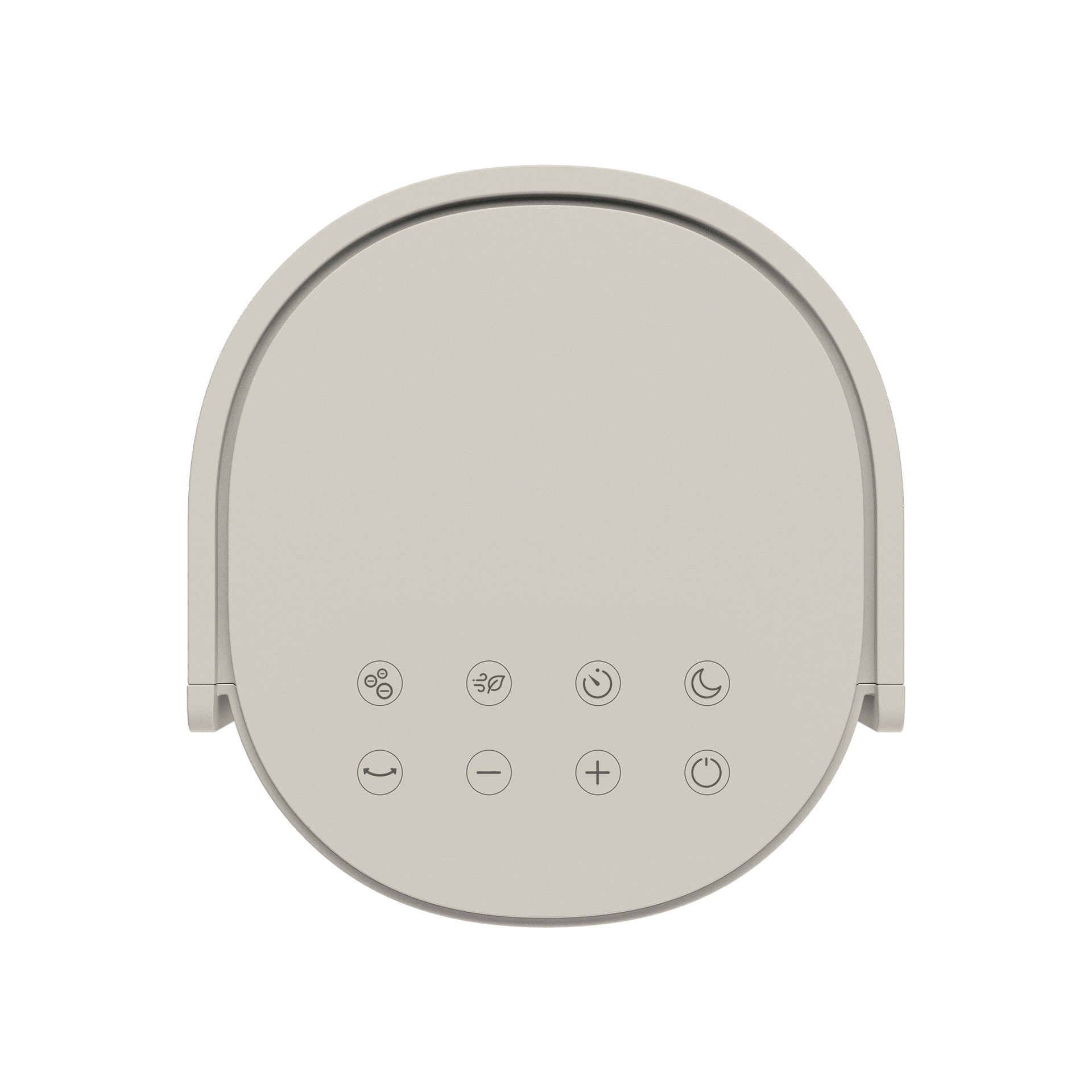 Een lichtgrijs apparaat met touchbediening, inclusief een aan/uitknop.