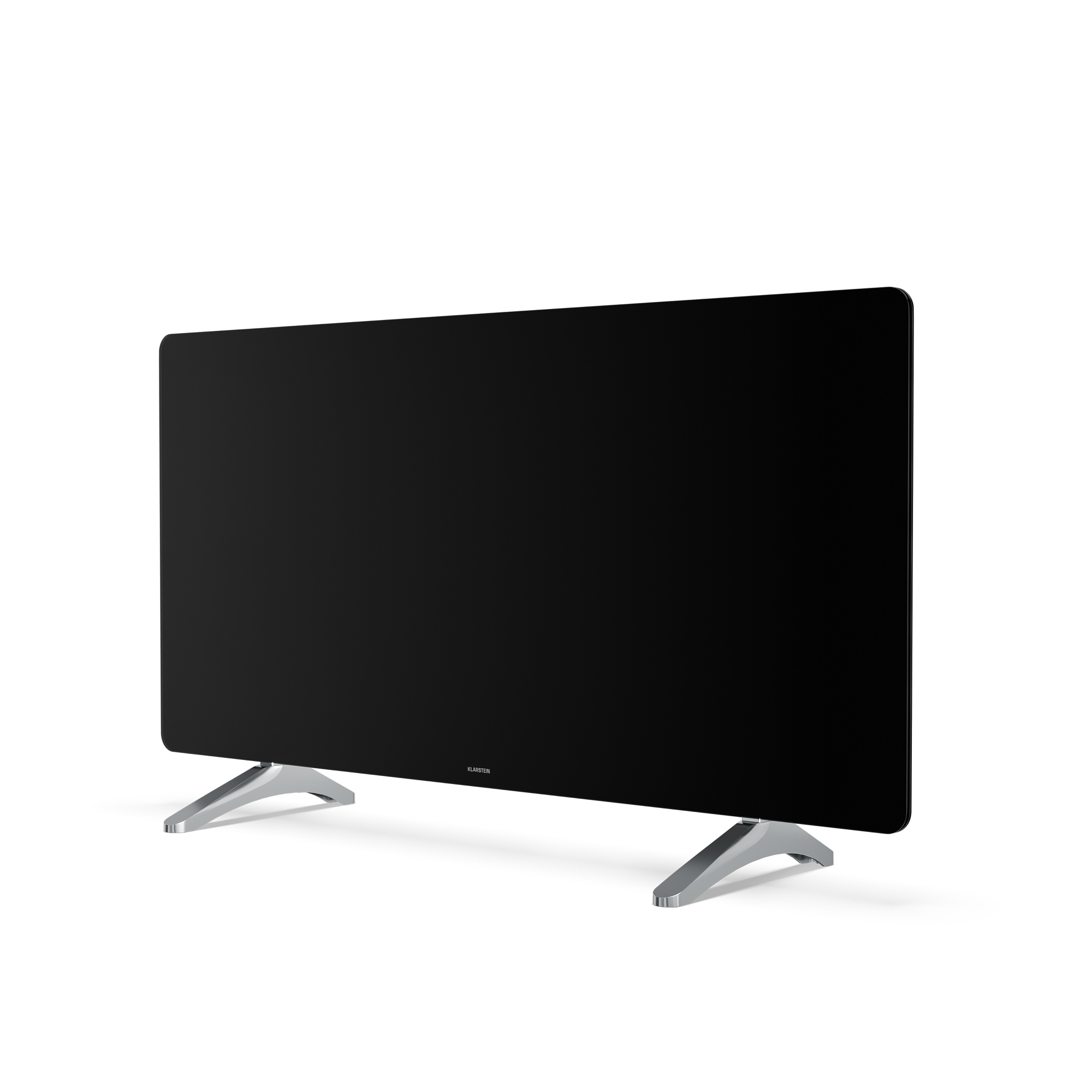 Ein schwarzer Flachbildfernseher mit silbernen Standfüßen auf weißem Hintergrund.