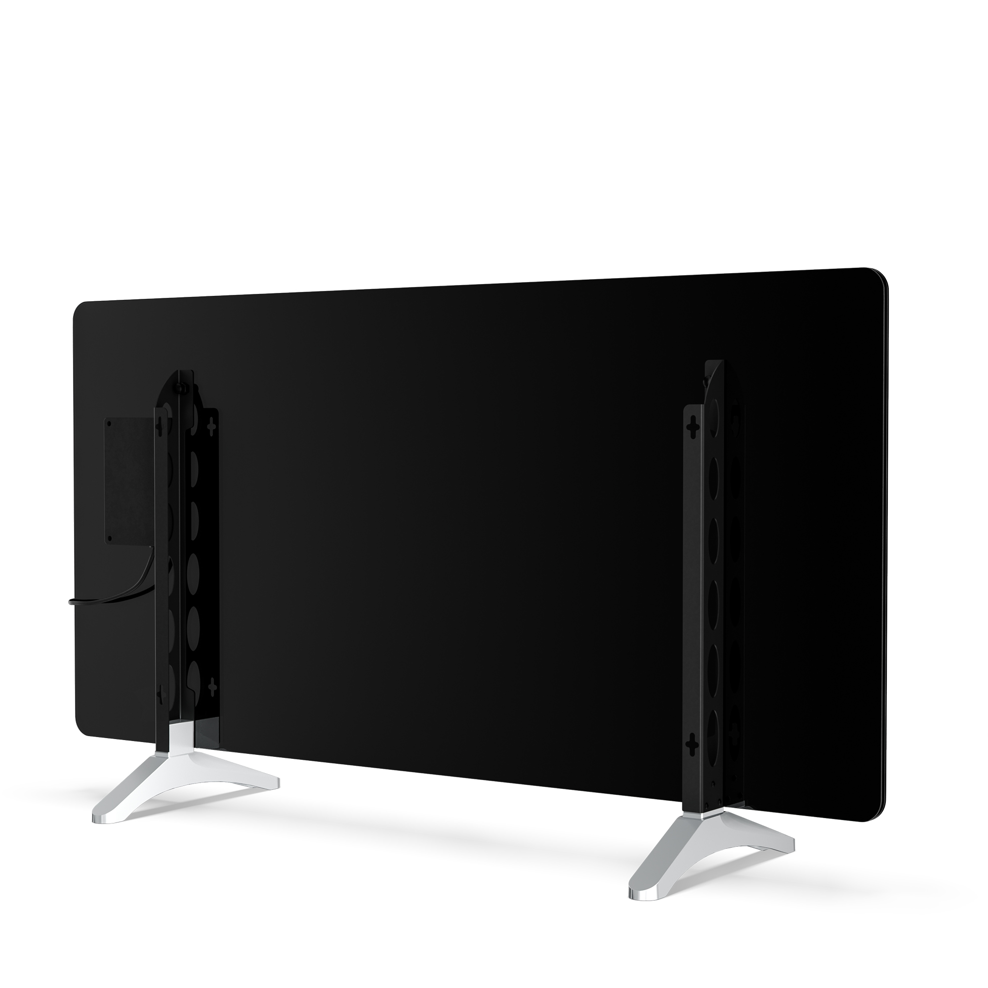 Rückseite eines schwarzen Fernsehers mit silbernen Standfüßen auf weißem Hintergrund.