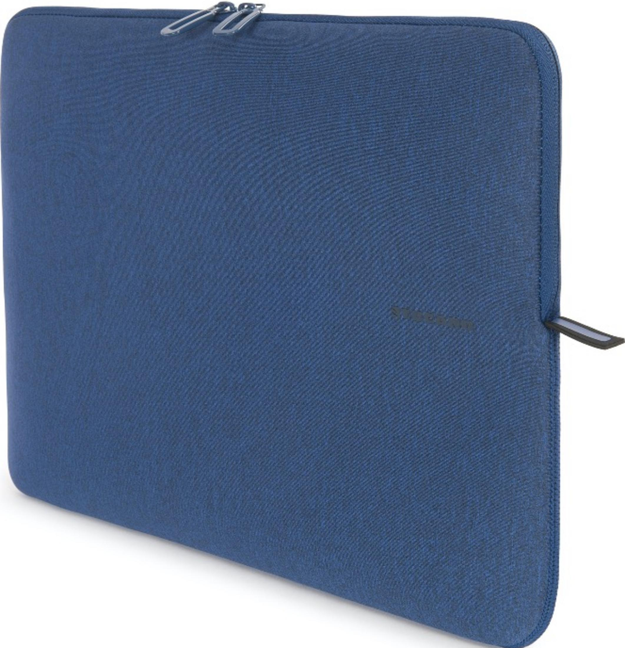 Una custodia blu per laptop con due cerniere e una piccola linguetta di trazione.