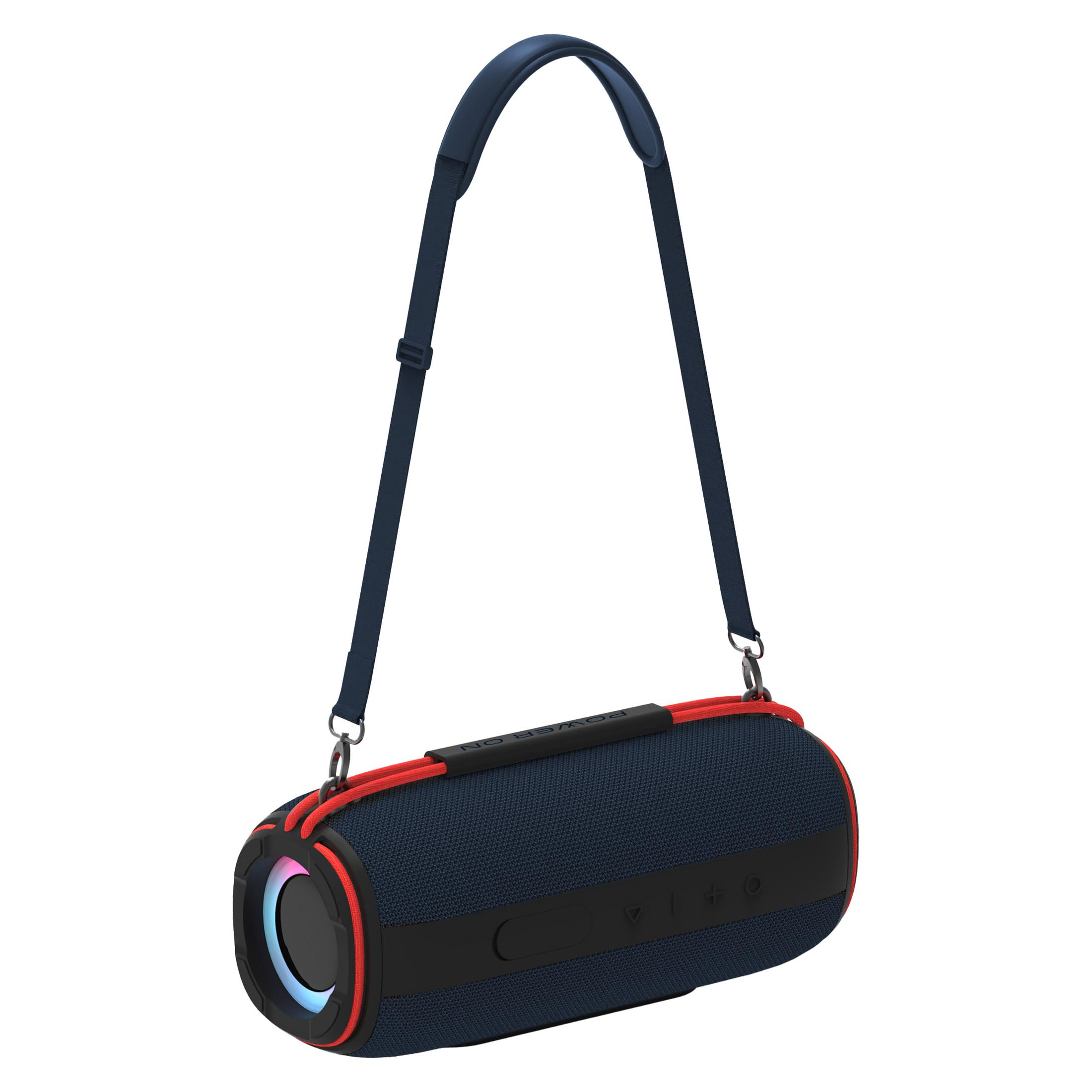 Ein dunkelblauer Bluetooth-Lautsprecher mit roten Akzenten und einem Tragegurt.