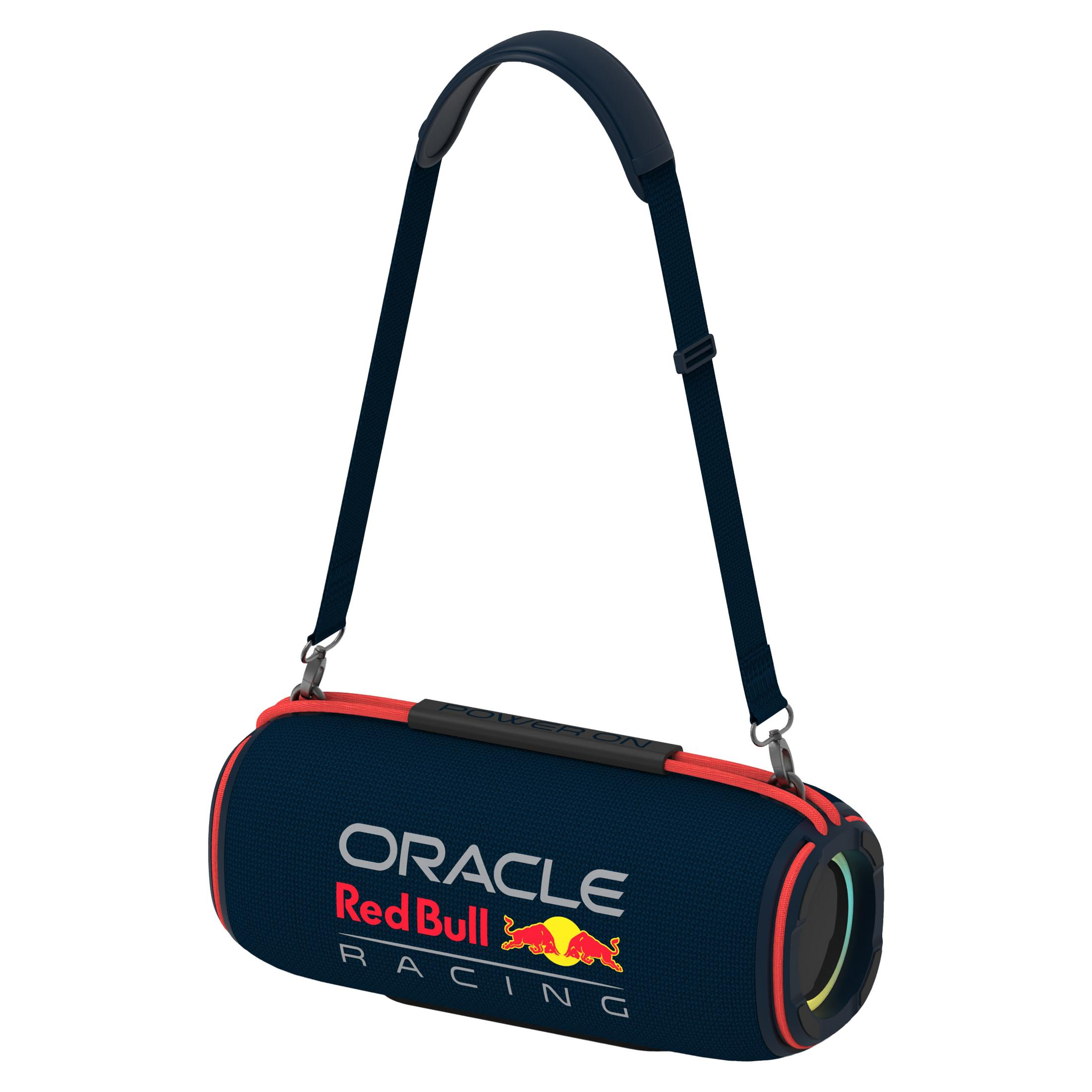 Dunkelblauer, zylindrischer Lautsprecher mit rotem Rand, "Oracle Red Bull Racing"-Logo.