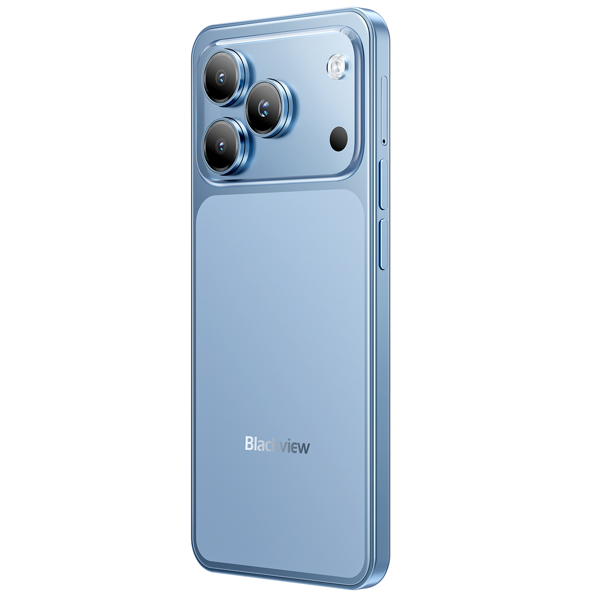 Ein hellblaues Smartphone mit drei Kameras und Blitz auf der Rückseite.