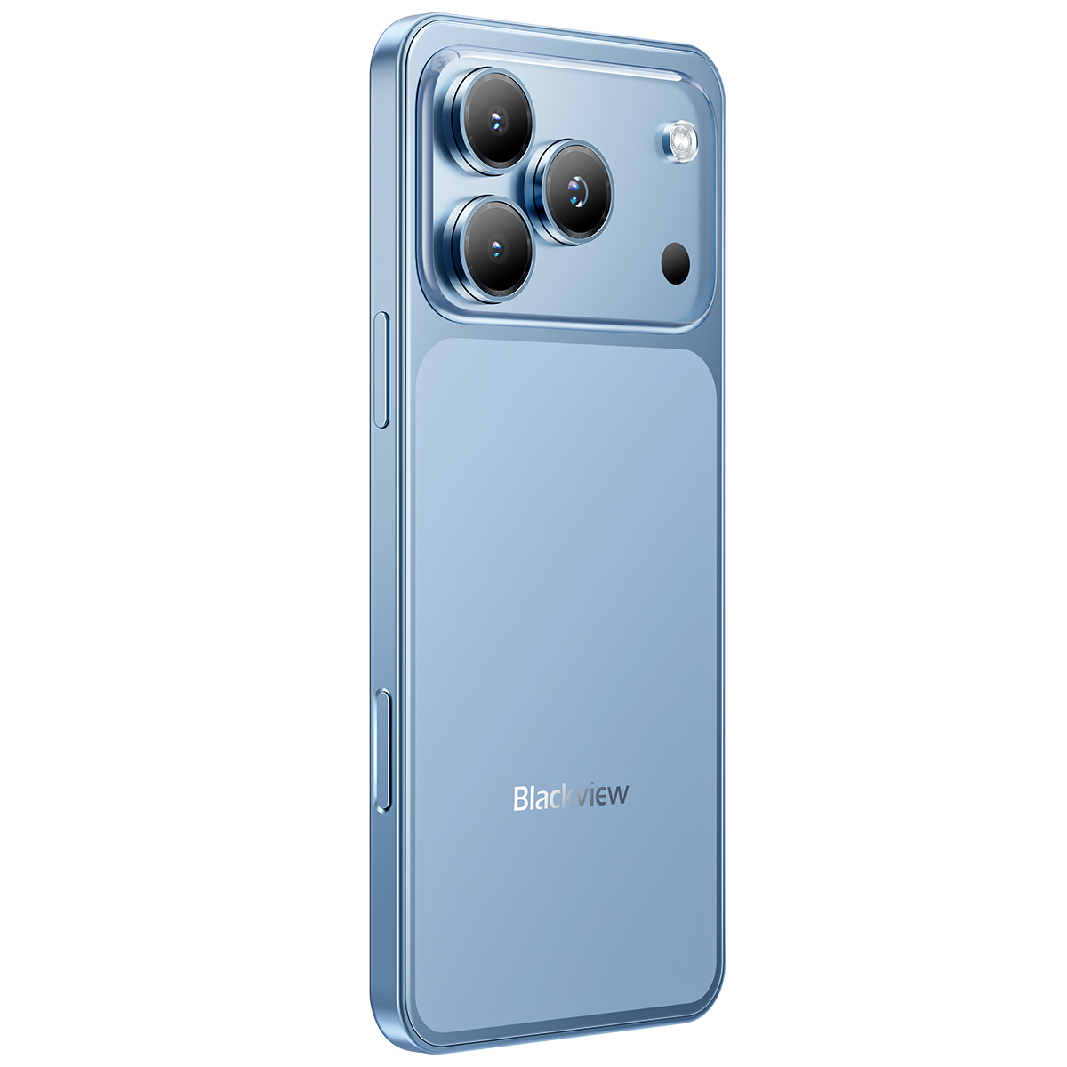 Ein blaues Smartphone mit drei Kameras und Blitzlicht auf der Rückseite.