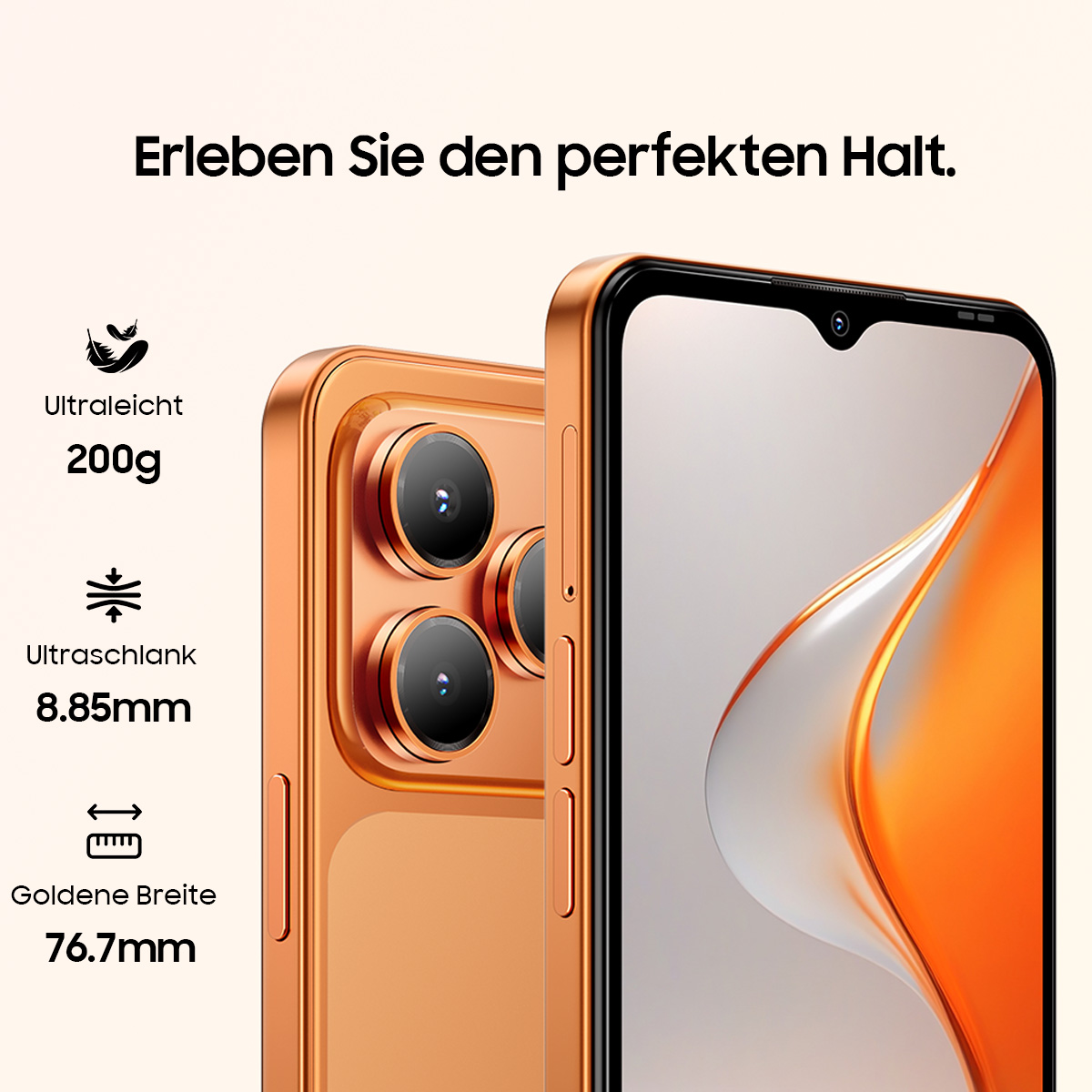 Ein oranges Smartphone mit drei Kameras, 200g, 8,85mm und 76,7mm.