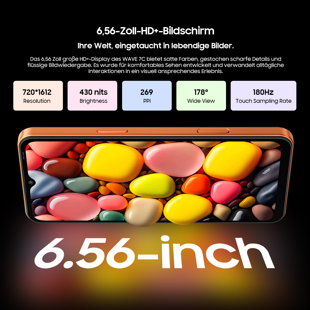 Orangefarbenes Smartphone mit 6,56 Zoll HD+-Display, das bunte Icons zeigt.