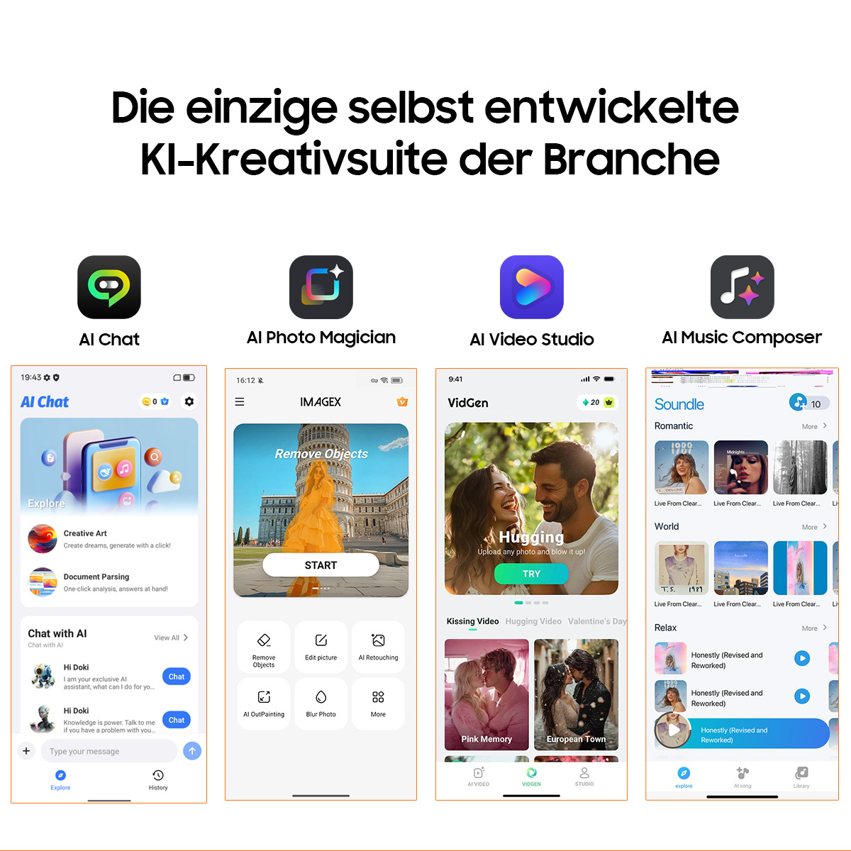 Screenshot von vier KI-Kreativ-Apps: Chat, Foto, Video und Musik.