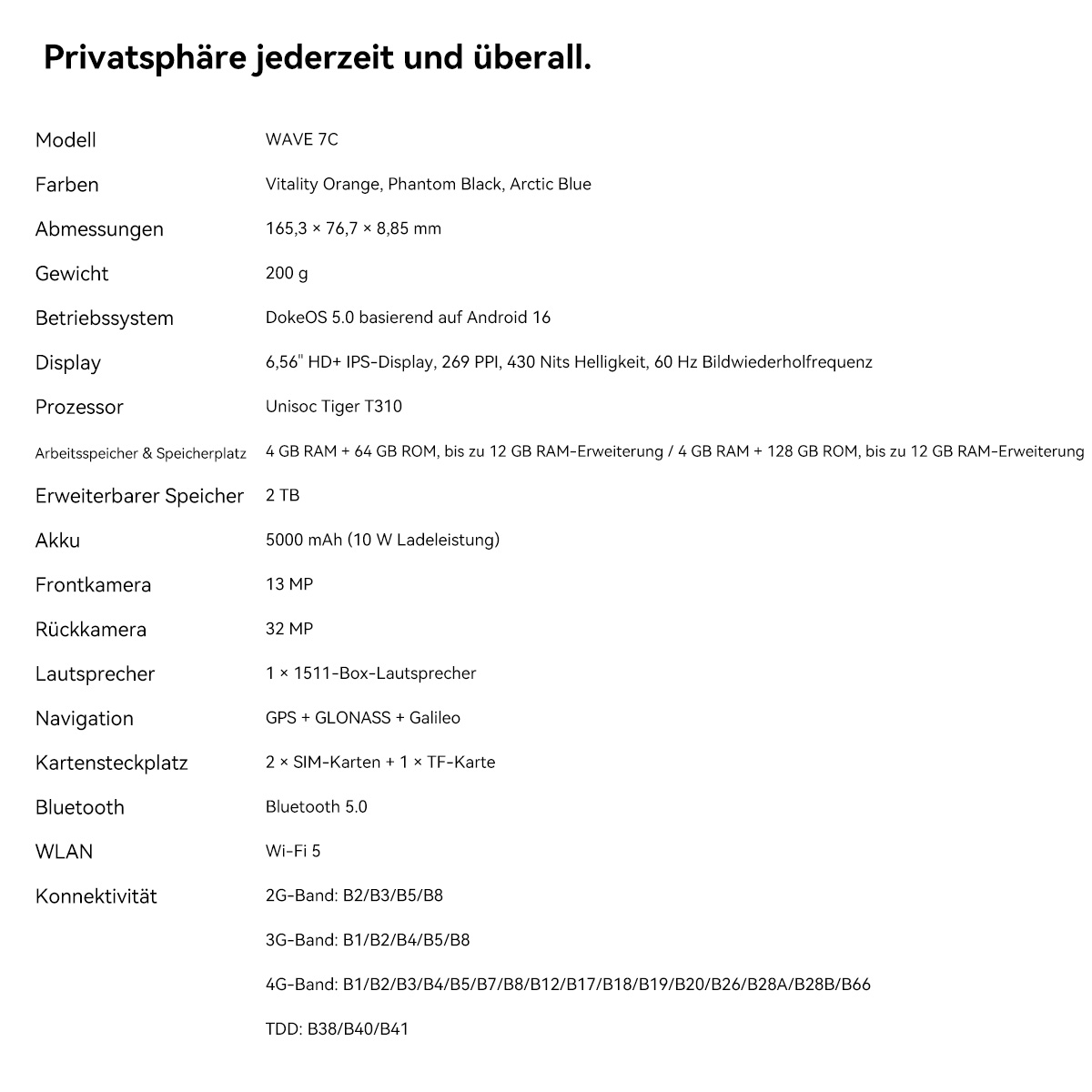 Spezifikationen des WAVE 7C: Display, Akku, Kameras, Speicher & Konnektivität.