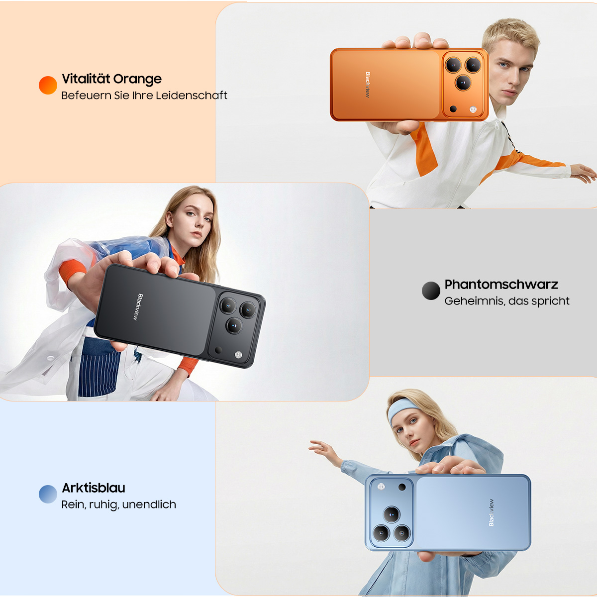Drei Handys in Orange, Schwarz und Blau präsentiert von Models.