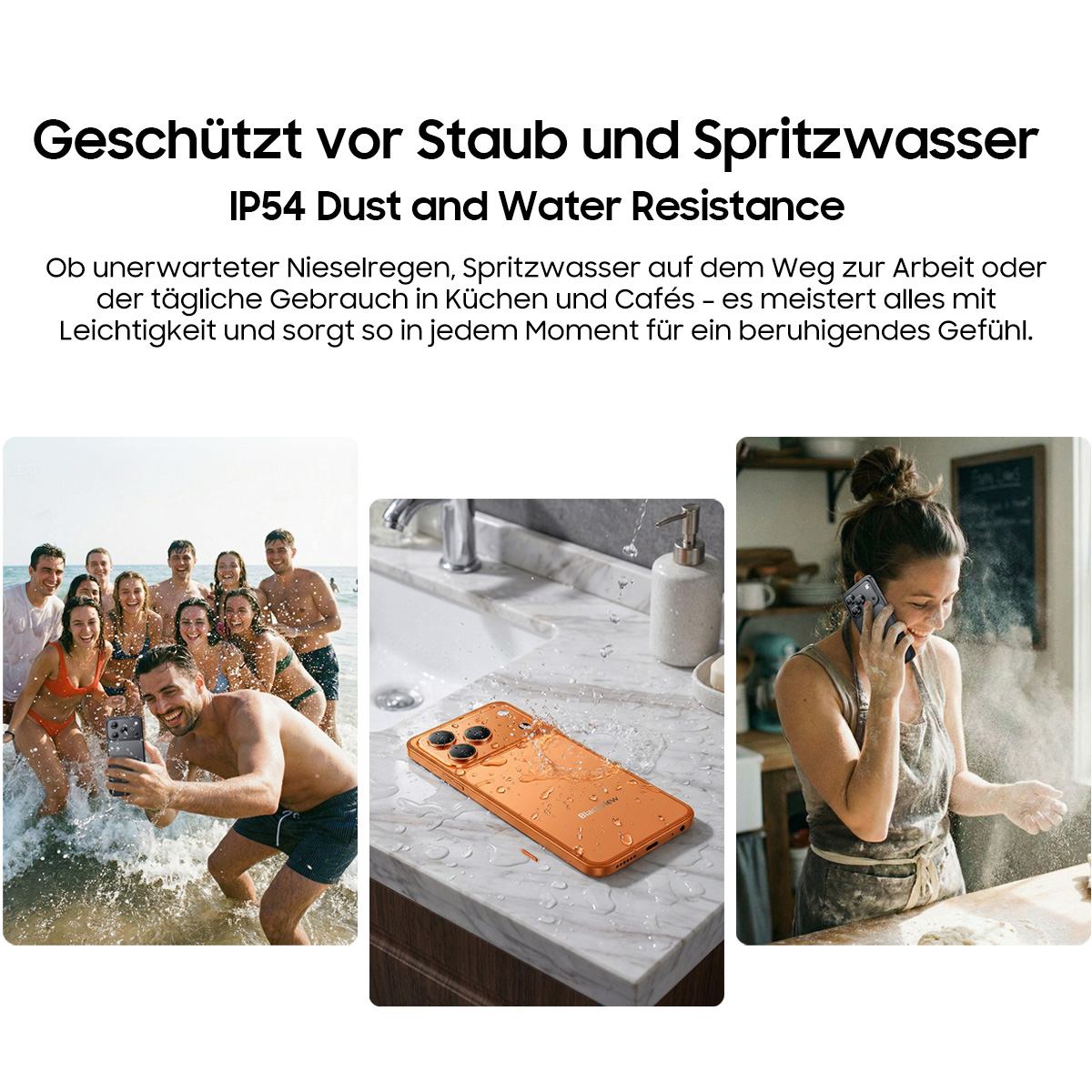 Gruppe am Strand, orange Handy auf Marmor, Frau bäckt und telefoniert.
