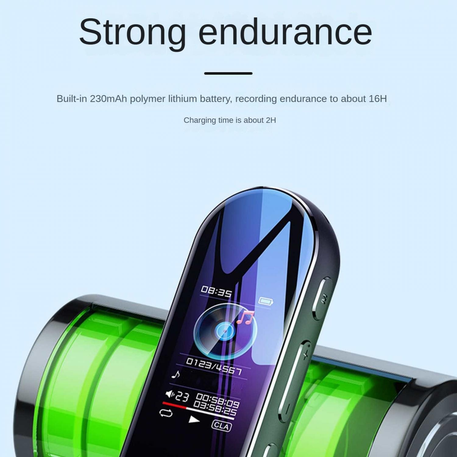 Ein digitaler Musikplayer neben zwei leuchtend grünen Batterien.
