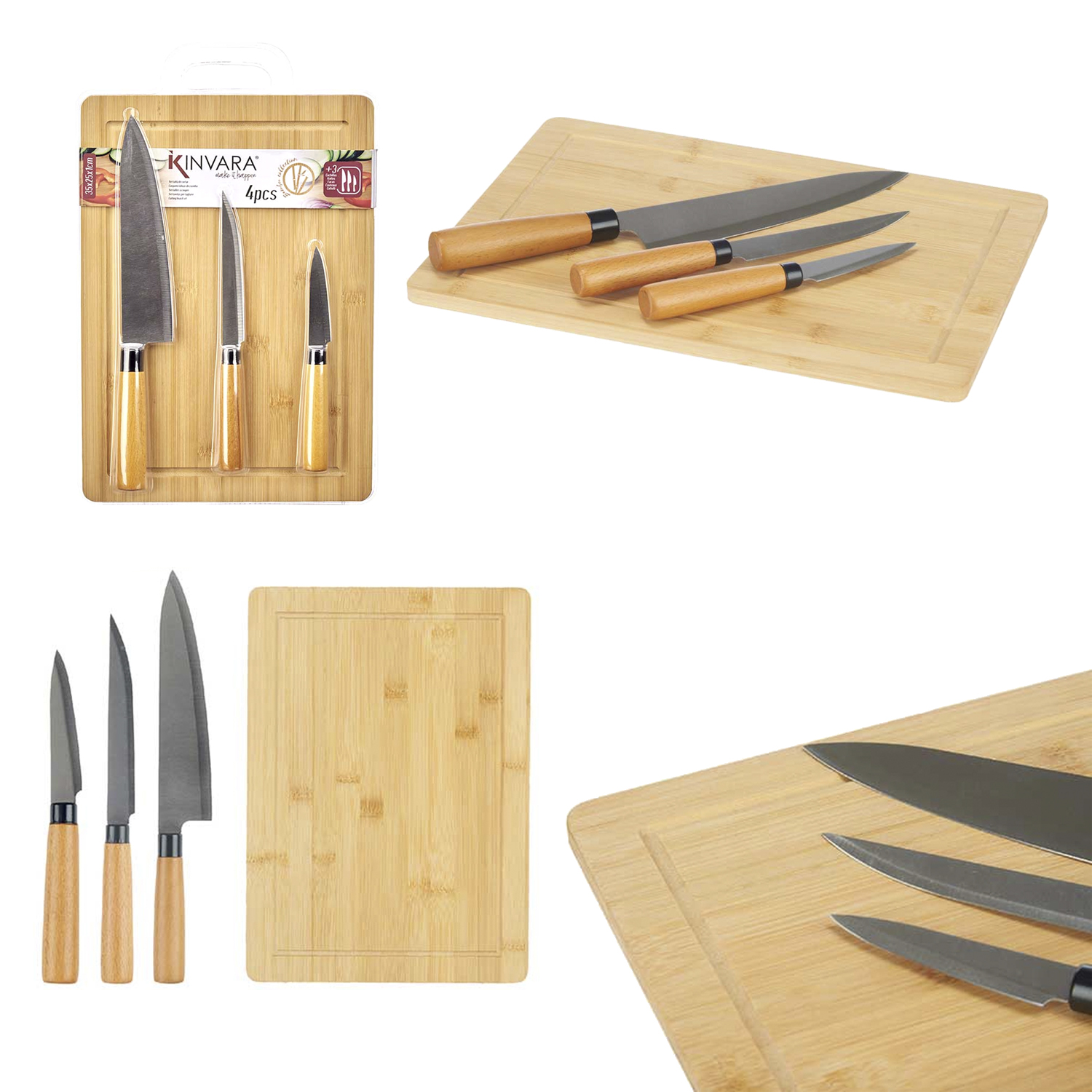 Ein Set mit drei Küchenmessern und einem Holzschneidebrett.