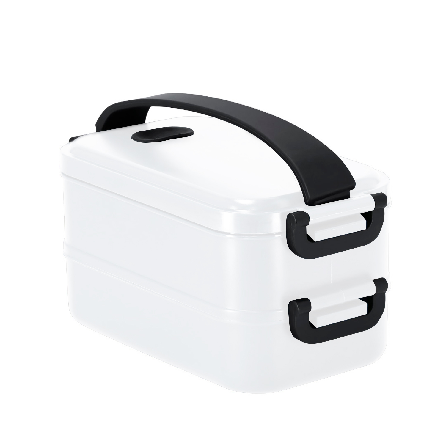 Lunch box bianco a due livelli con manico e clip neri.